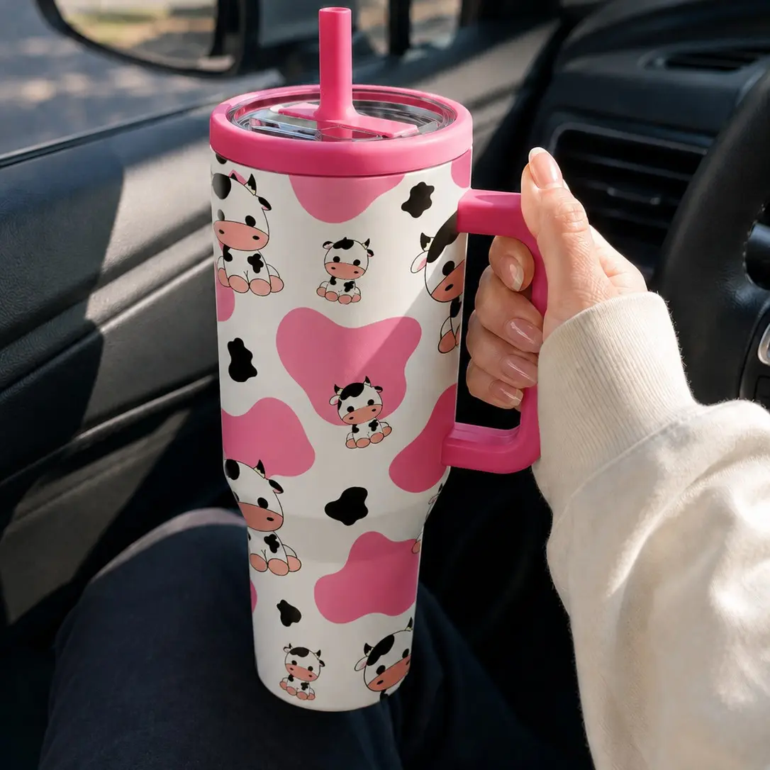 1PC 40oz Cute Cow Pink Cow Print Insulated Tumbler with Handle & Straw, Double Wall Vacuum Flasks Leak-Proof Travel Mug, Hot 12H Cold 24H, Large Capacity Cup for Men Women Teens, Birthday Christmas Farm Animal Lover Gift