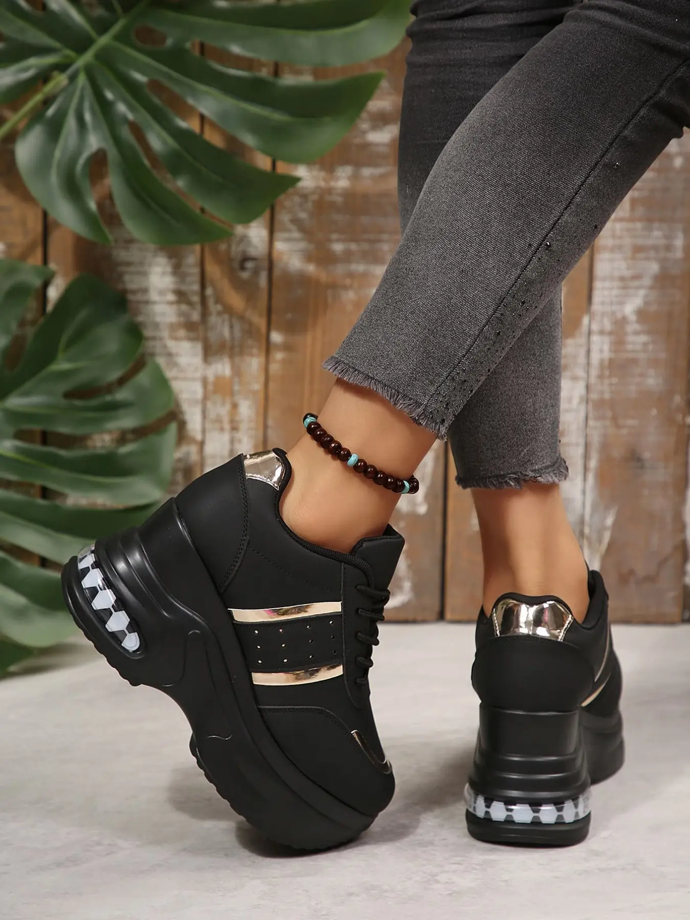 A Pair of Lace Up Striped Wedge Fashion Casual Sneakers, Air Cushion Platform Hidden Heel Walking Shoes, Smooth Upper Height Increasing Footwear for Petite Women Daily Travel, Sightseeing and Long Outdoor Walks