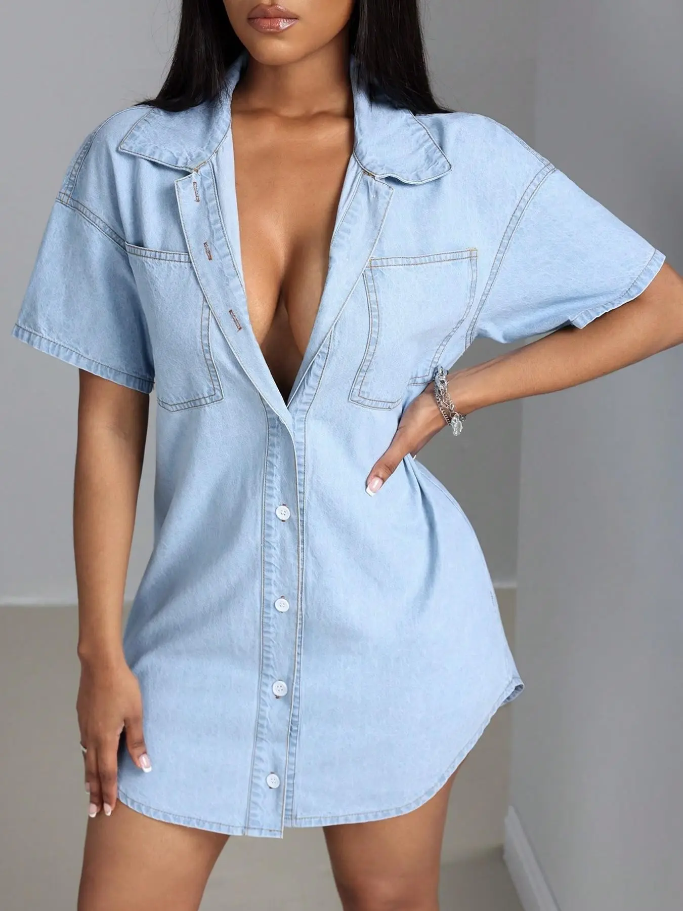 Elegant Summer Women's Shirt Dress, Buttoned Dress, Plain Short Sleeve, Slim Fit, Single Button, Cowboy Style, Short Hem, Fashionable Ladies' Clothing, Basic