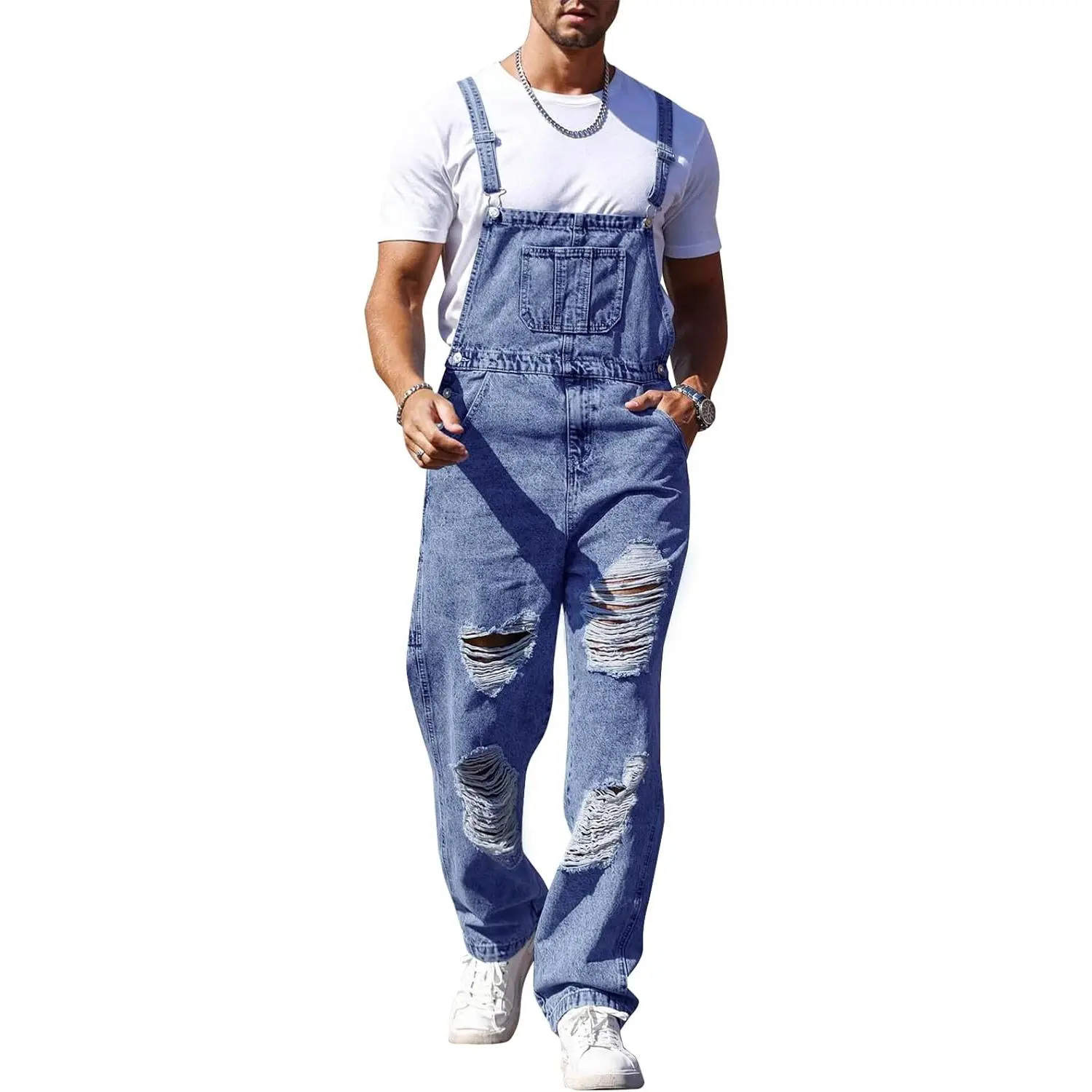 Men's Distressed Bibs, Casual Woven Denim Ripped Overalls with Adjustable Straps and Pockets for Everyday Wear, M, Loose Fit Overall, Casual Wear, Dungarees Overalls