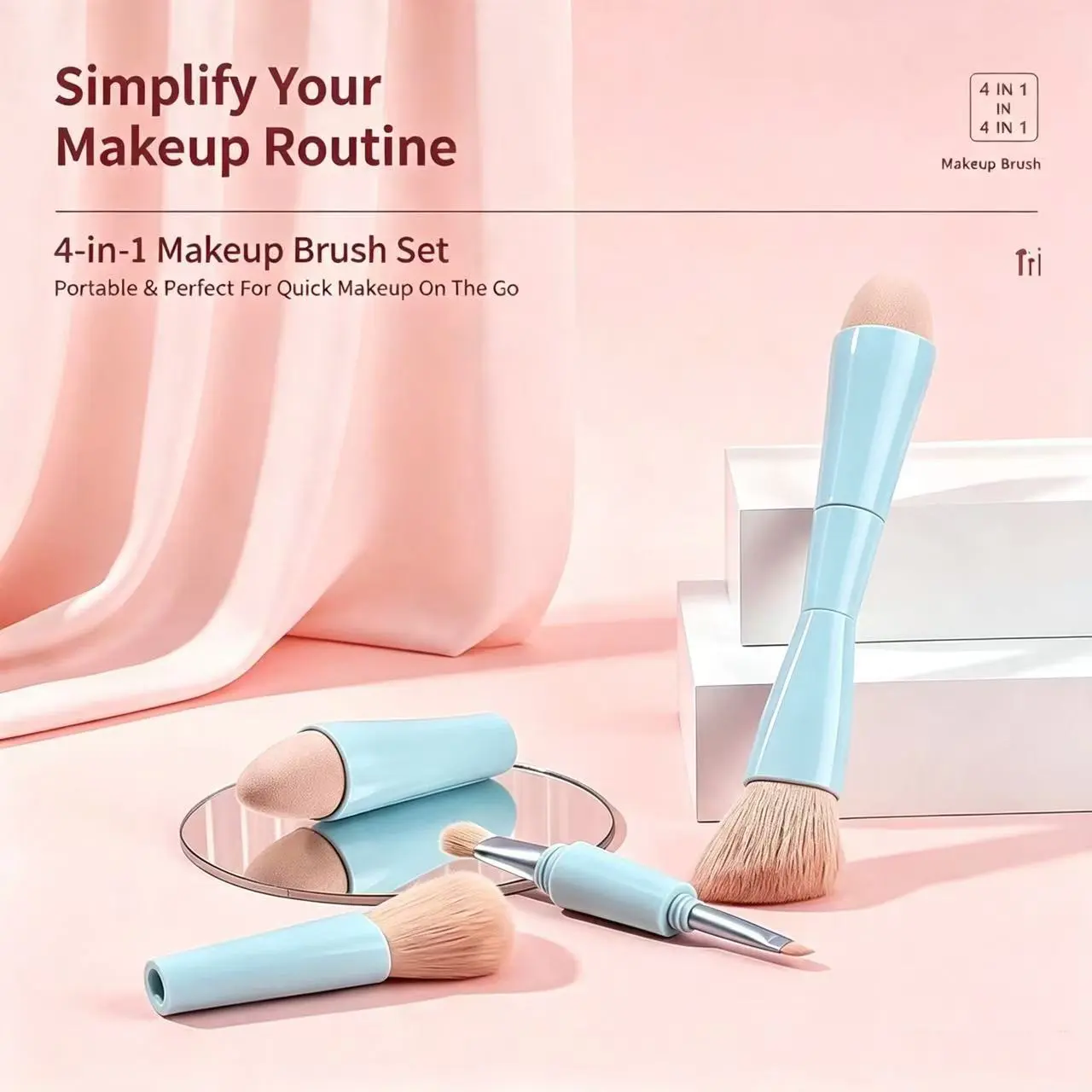 4-In-1 Multi-Functional Makeup Brush Set, Portable Interchangeable Beauty Brushes, Soft Synthetic Bristles, Essential Travel Beauty Tool