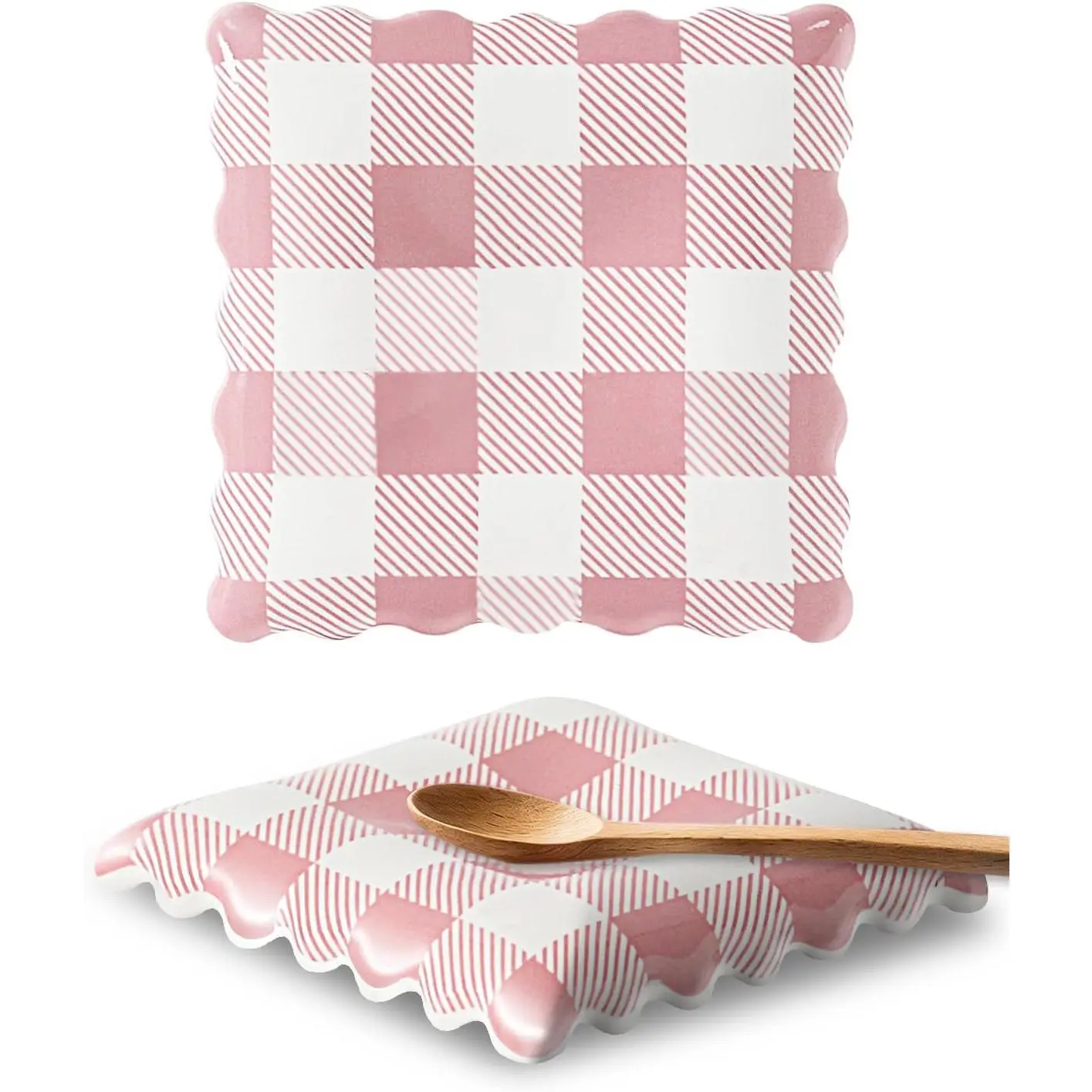 Sturdy Porcelain Cutlery & Tableware Rest, Pink Checkered Spoon Holder with Rounded Indent for Stove-Top & Kitchen Counter, Cute Kitchen Decor