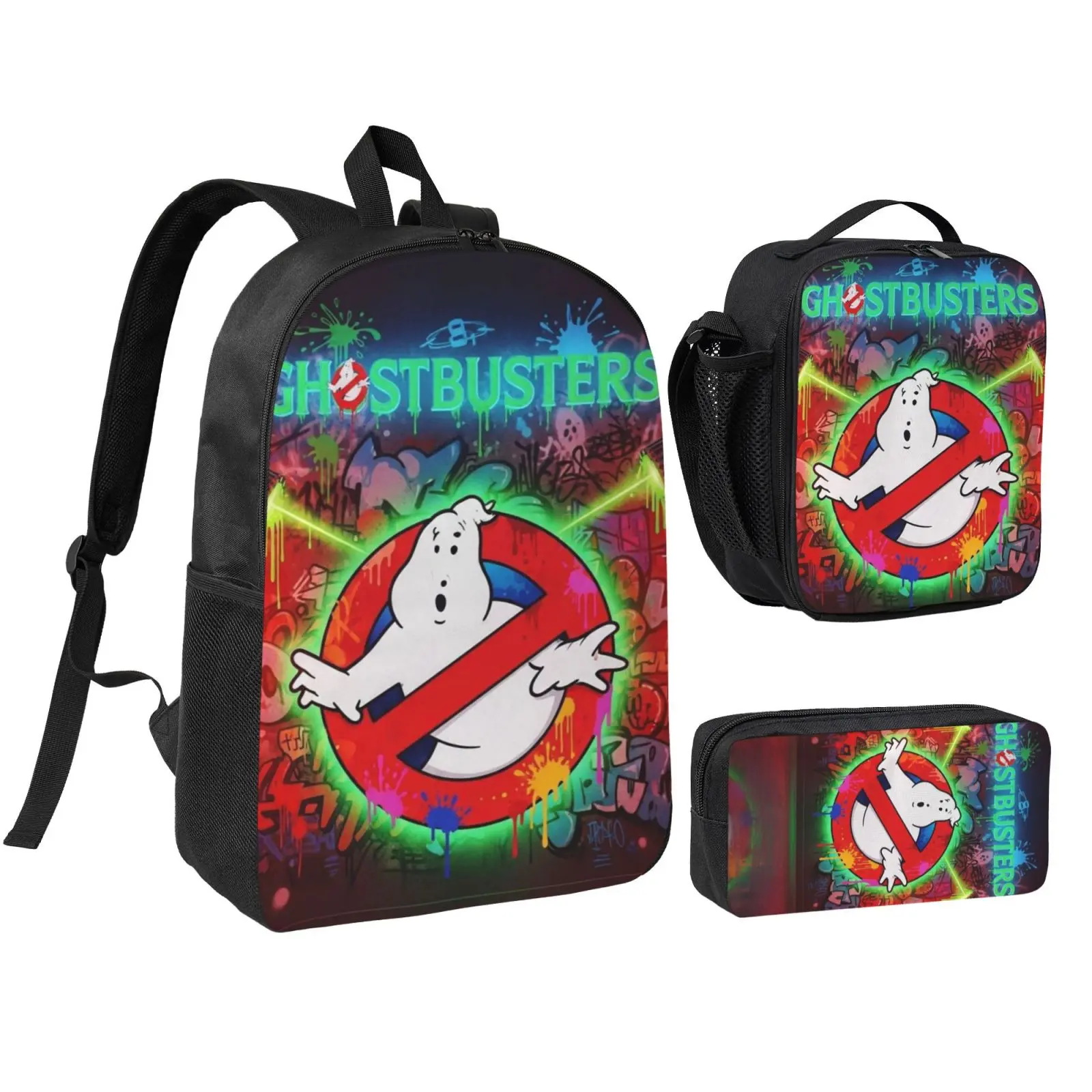 Anime Ghostbusters 3Pcs School Backpack Set for Teens Boys Girls, Adjustable Strap Kids Bookbag with Insulated Lunch Bag & Pencil Case, Lightweight Travel Office Daypack, Polyester, Lunch Box
