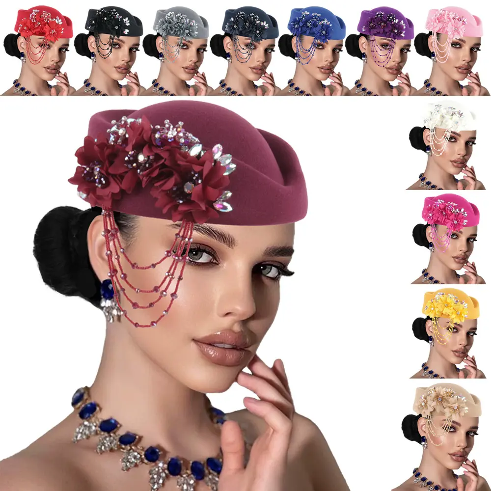 Women's Vintage British Wool Felt Pillbox Fascinator Hat, Bead Art Hat with 3D Floral, Rhinestone, Multi-Layer Bead, Tassel Veil for Formal Church Derby Wedding, Bead Art Hats
