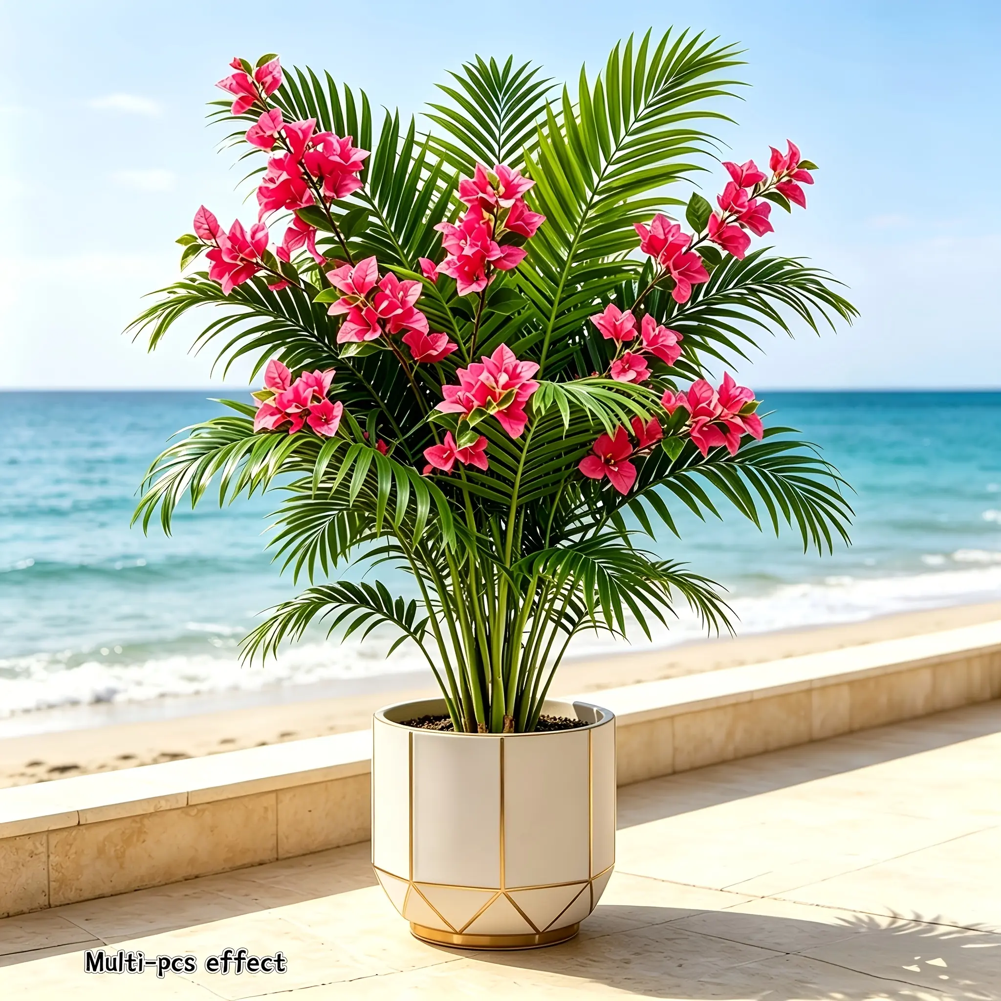 5PCS Oversized Artificial Areca Palm & Bougainvillea Tree, Lush Full Leaves & Blooming Branches, No Water Evergreen Fake Plant Indoor Outdoor Decor for Home Office Garden, Ornament for Valentine’s Day Easter Mother’s Day Halloween