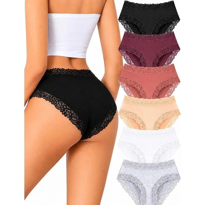 6 PCS Womens Cotton Underwear Cheeky Lace Bikini Panties Sexy Briefs Soft Breathable Lingerie for Ladies Underwear Pack