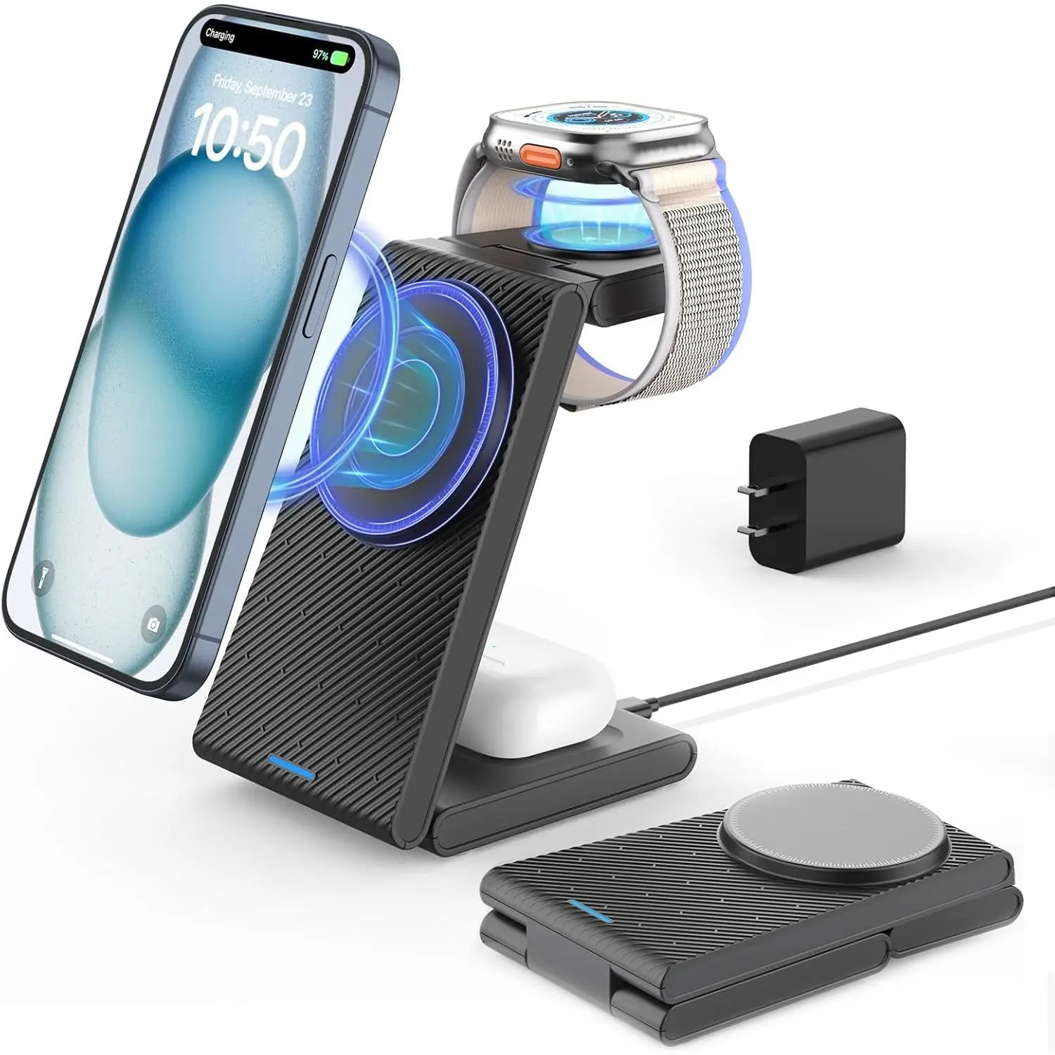GEEKERA  3 in 1 Wireless Charging Station, Foldable Magnetic Wireless Charger Stand for Multiple Devices, Wireless Charger for iPhone 16/15/14/13/12, Apple Watch 9/8/7/6/SE/5/4/3/2, AirPods 3/2/Pro