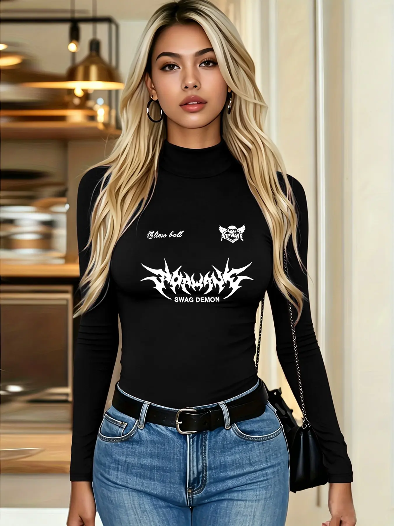 Fleece Lined Autumn Winter Solid Color Mock Neck Long Sleeve Base T-Shirt, soft and casual, great for daily wear & layering, printed with thorn flower dark graffiti, niche edgy streetwear style