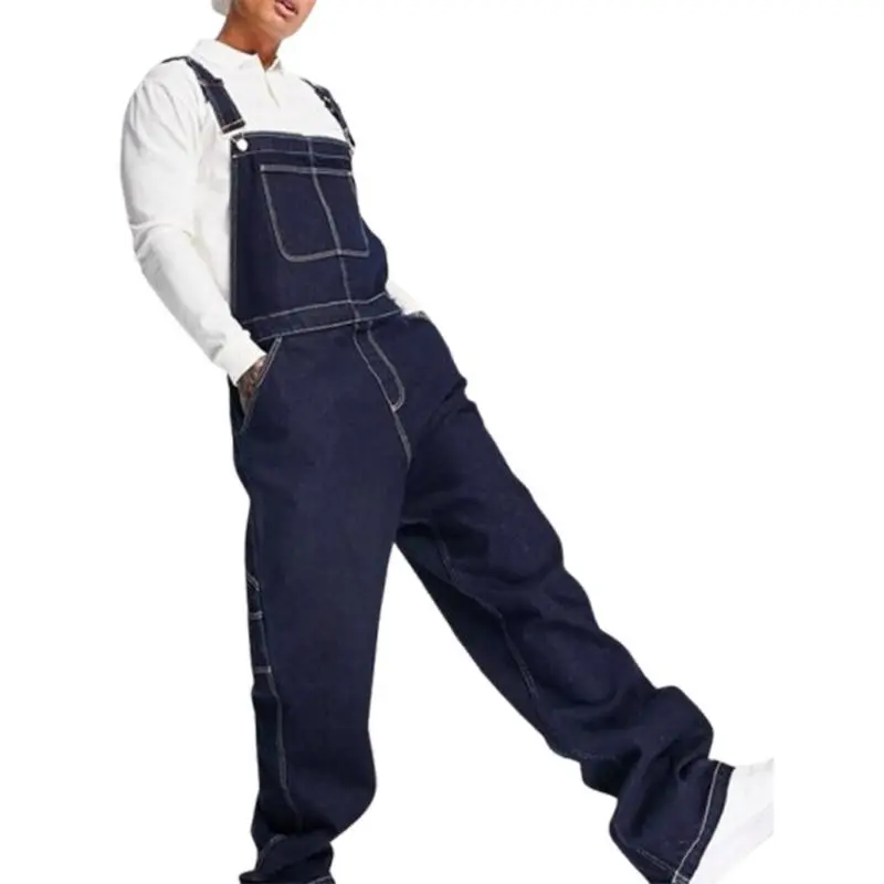 Men's Plus Size Lightweight Denim Bib Overalls - Adjustable Straps, Solid Dark Blue, Casual & Workwear Style, Machine Washable