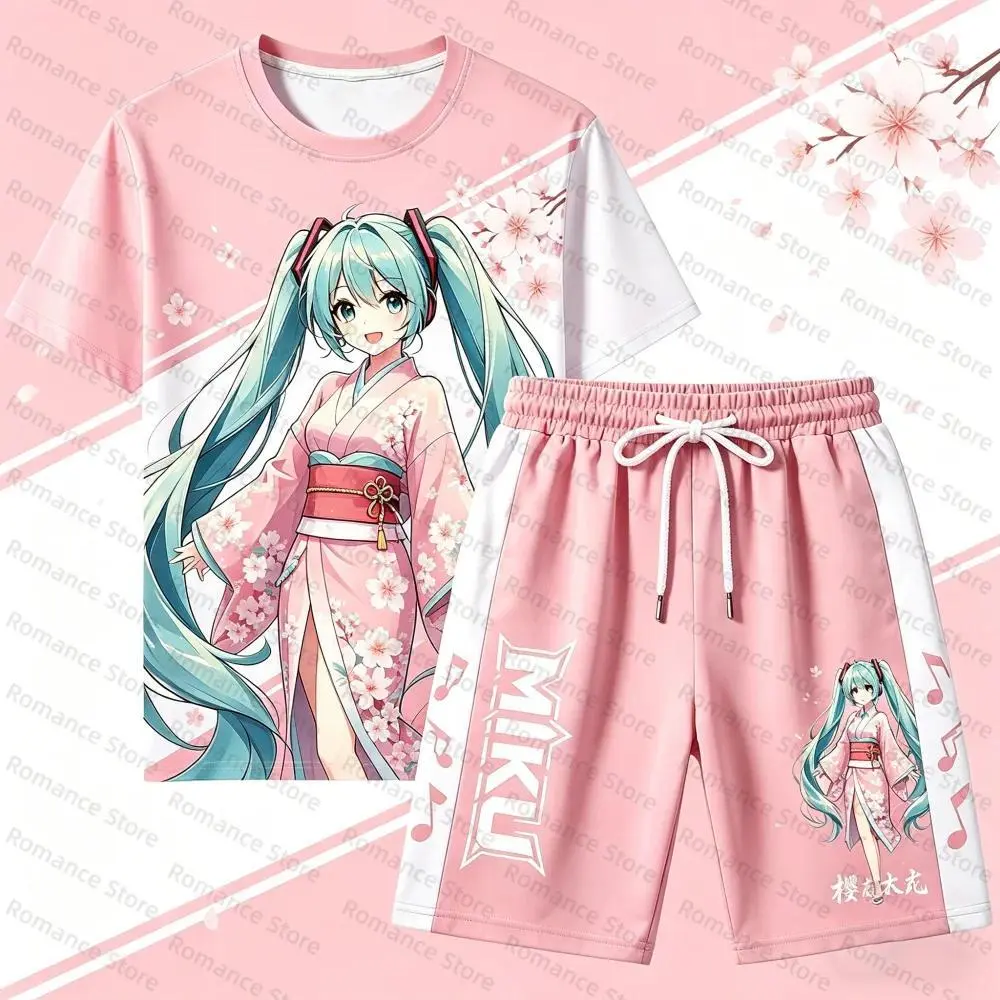 2026 new hot item Hat sune miku 2Pcs Set Anime T-shirt Shorts Summer Casual Streetwear Sakura Loose Outfit For Men Women t-shirt Cosplay Kids Set