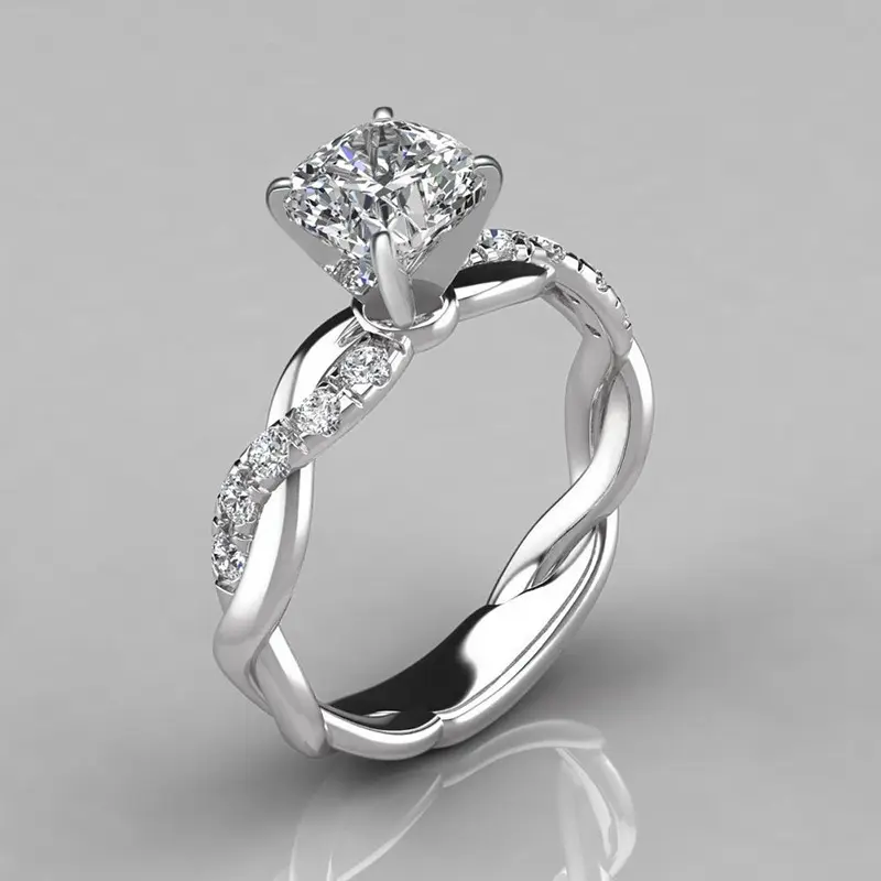 Women's Princess Cut Synthetic Diamond Ring - Infinity Twisted Shank, Pave Side Stones, Hypoallergenic Silver-Plated Band, Ideal for Engagement, Anniversary Gifts, Diamond Alternative
