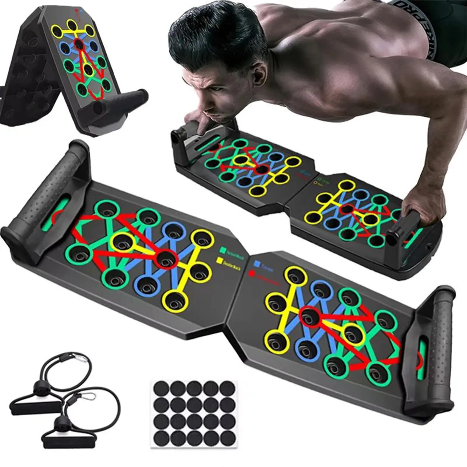 Push Up Board- Multifunctional Home Workout for Fast Fitness Results, Strength Training Equipment for Upper Body, Core, Abs with Non-Slip Base & Resistance Bands
