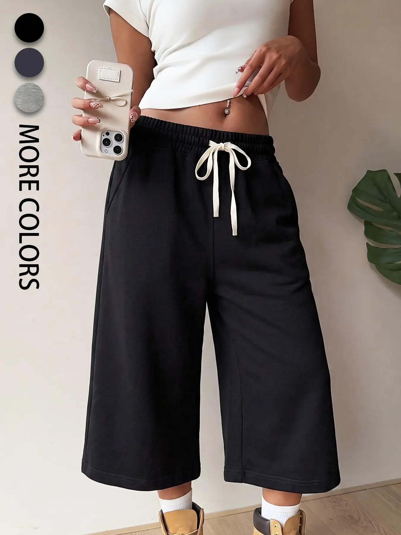 Women Black Contrast White Drawstring High Waist Cropped Wide Leg Sweatpants, Adjustable Drawstring Sweatpants, Clean Fit 7/8 Length Flowy Knit Casual Lounge Joggers, Soft Jersey Elastic Waist Cropped Sport Trousers