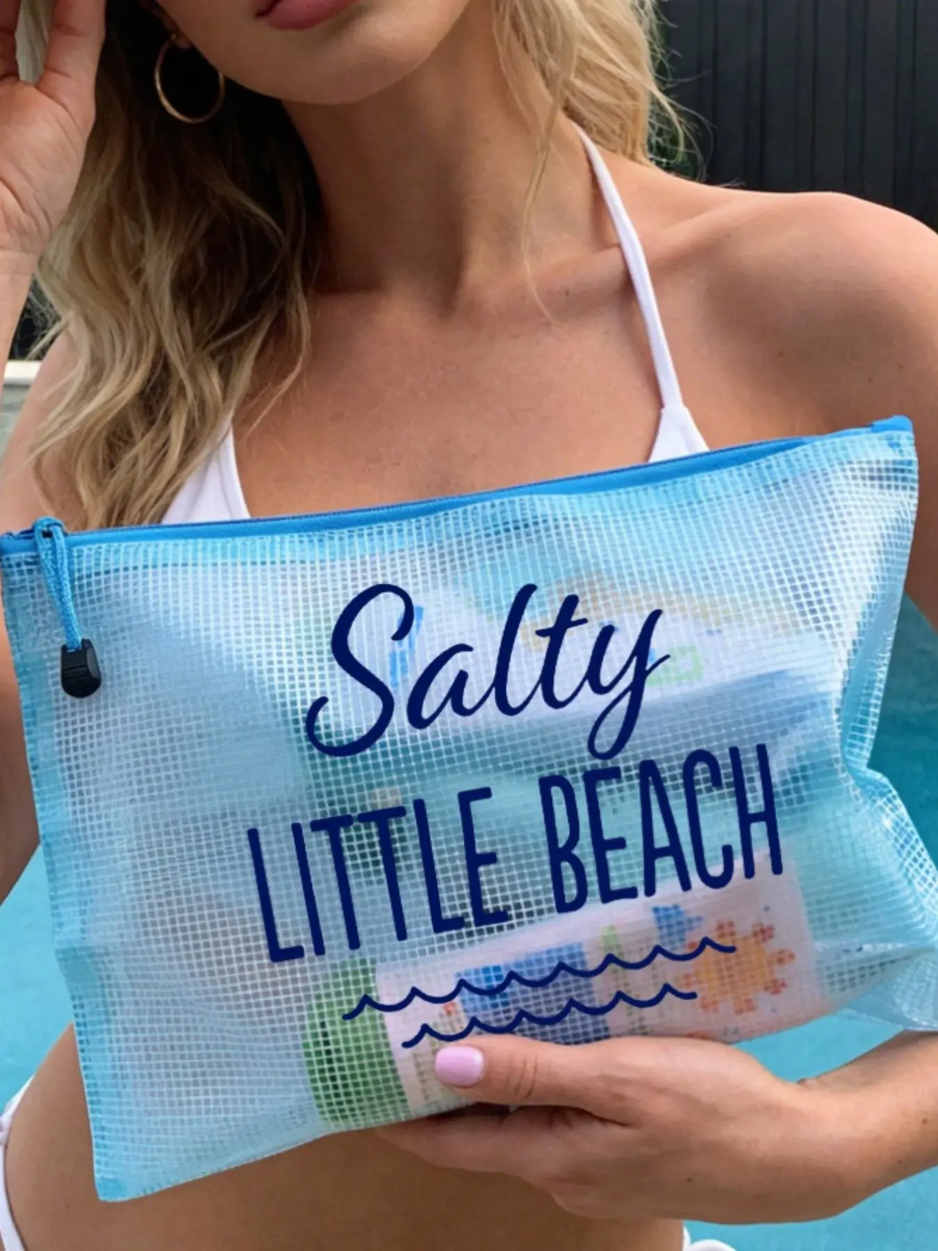 Fashion Waterproof Beach Bag, Salty Little Beach Wave Pattern, Large Capacity Transparent Cosmetic Bag, Nylon Zipper, Ideal Gift