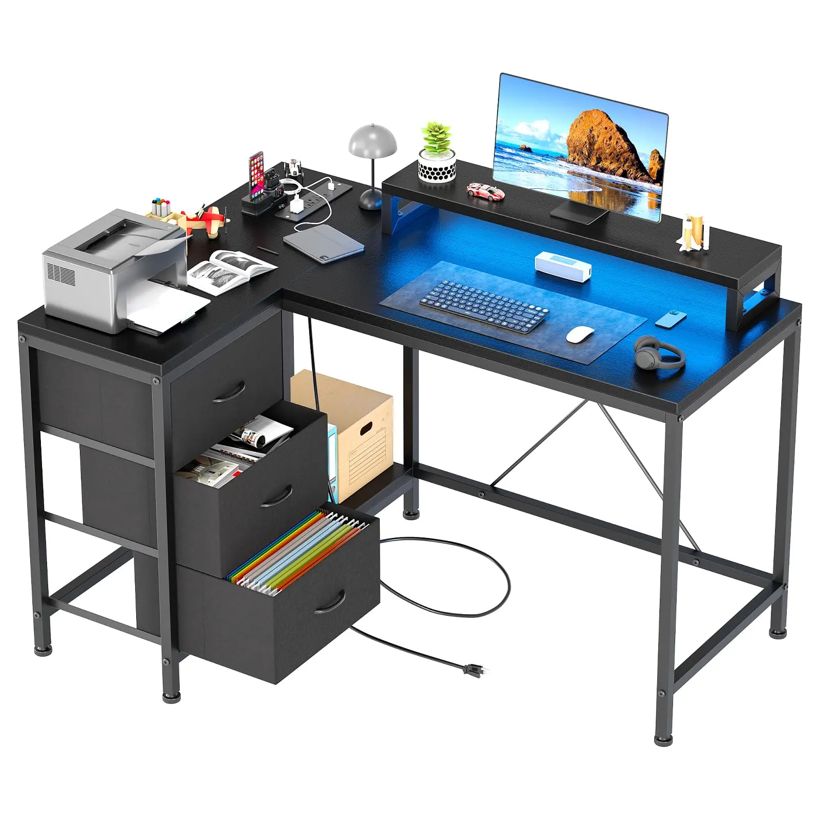 GARVEEBlack 3 Drawers L-Shaped Desk with Power Outlets & LED Lights Modern Computer Desk for Gaming & Home Office 31.5"D x 41.3"W x 34.3"H - Furniture