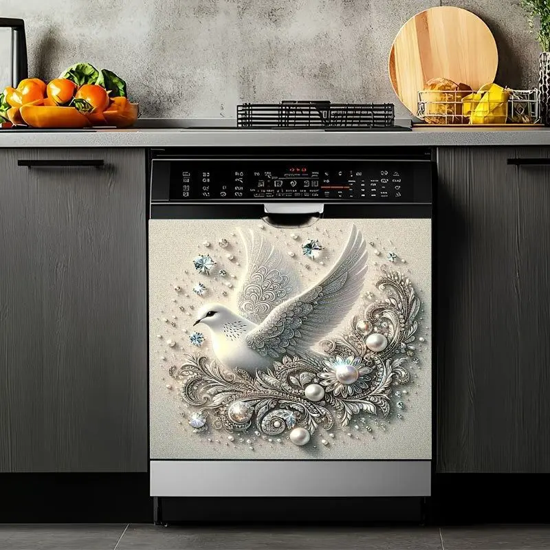 2D Flat 2Pcs Elegant Dove Magnetic Appliance Stickers Pearl Embellished Silver Floral Design Waterproof Decorative Panel Covers for Dishwasher Washing Machine Refrigerator Home Kitchen Decor Easy Clean Reusable Adhesive Art Magnet Skin Protector