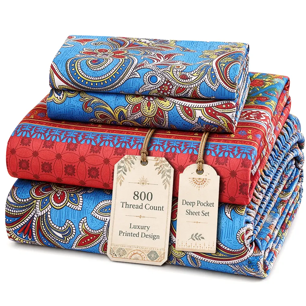 SASTTIE 4 PCS Bohemia Sheets Set - Breathable, Double-Brushed Printed Sheets - Deep Pocket 18" - Ultra Soft & Wrinkle-Free - Hotel-Style