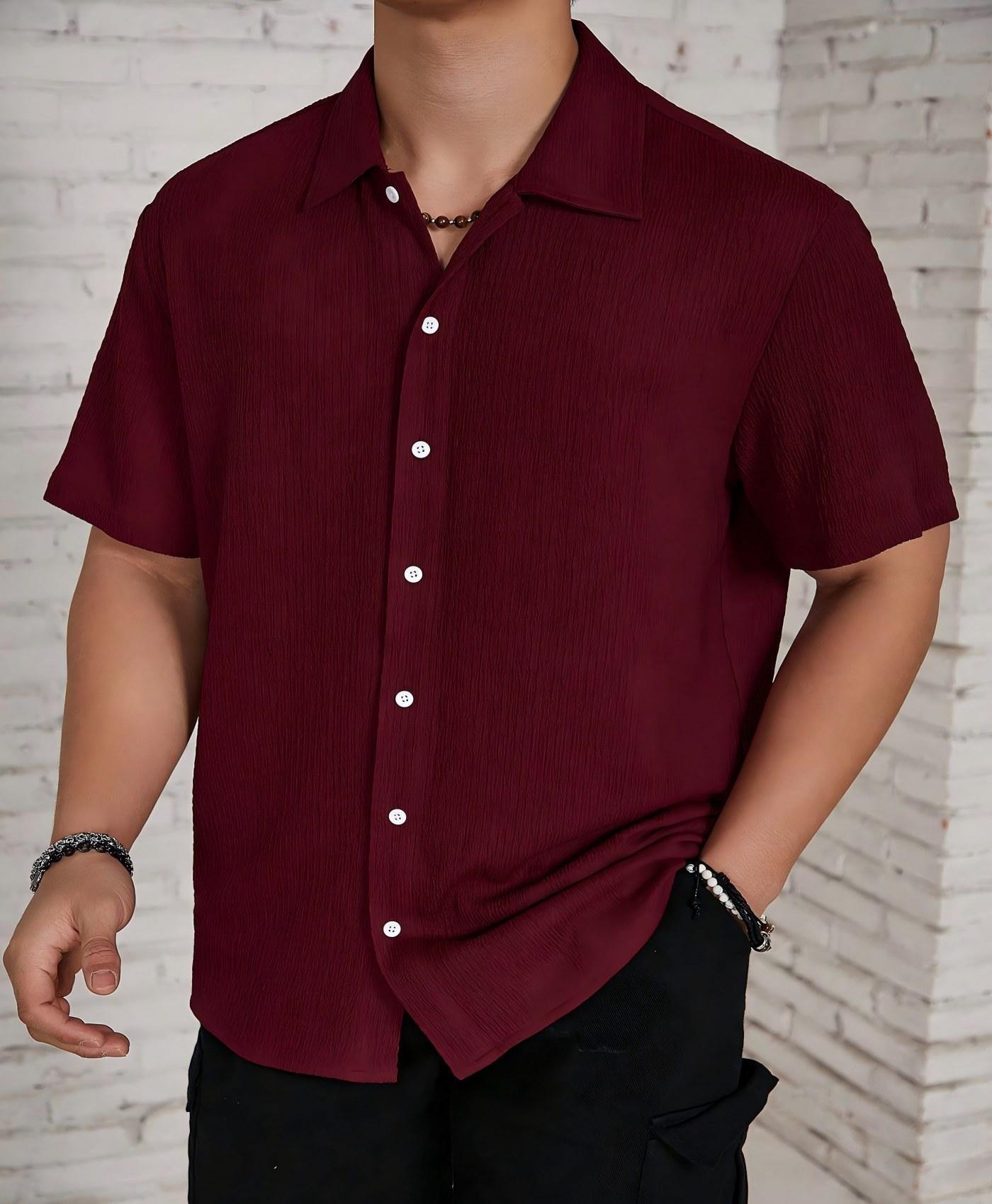 Men's Textured Button Front Shirt, Casual Regular Fit Short Sleeve Collared Top for Summer, Summer Leisure Top 2026, National Day Clothing, Men's Clothes for Daily Wear