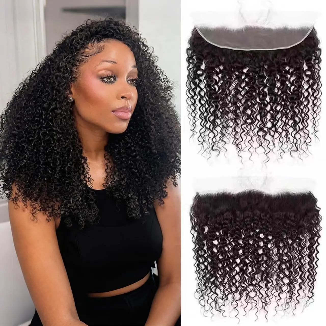 13x4 Lace Frontal Closure Kinky Curly Ear to Ear  Lace Frontal | Pre Plucked Human Hair 12 Inch Free Part Brazilian Human Hair Extensions 150% Density  Black