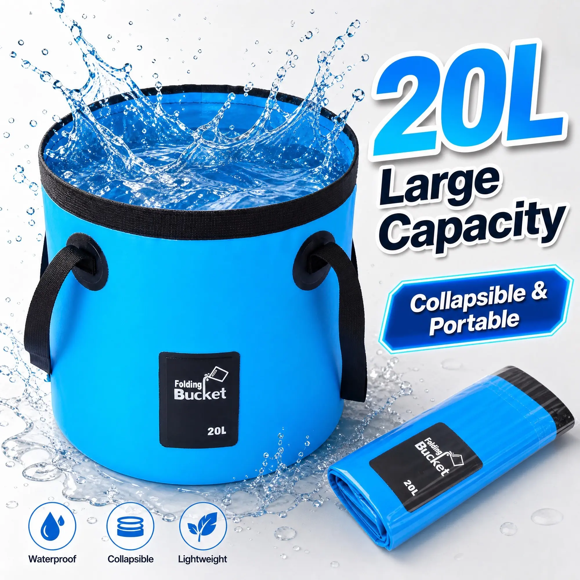 5 Gallon/20L Collapsible Bucket Durable for Soccer Watch Party & Tailgate, Portable Foldable Ice Drink Cooler, Collapsible Water Container, Water Storage for Camping, Beach, RV, Car Wash, Outings