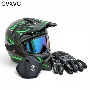CVXVC Adult Off-Road Electric Bicycle Helmet Green Lightning DOT Certified Dirt Bike Helmet Set with Goggles Gloves Mask Full Face Motorcycle Helmet ATV UTV Racing Helmet for Men Women Windproof Breathable Safety Gear