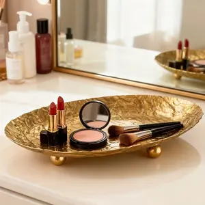 Light Luxury Gold Leaf Texture Cosmetic Tray, Tall Golden Ball Storage Tray, Dresser Organizer for Lipstick, Blush & Makeup Brushes, Decor Ornament for Jewelry & Aroma Candles in Bathroom
