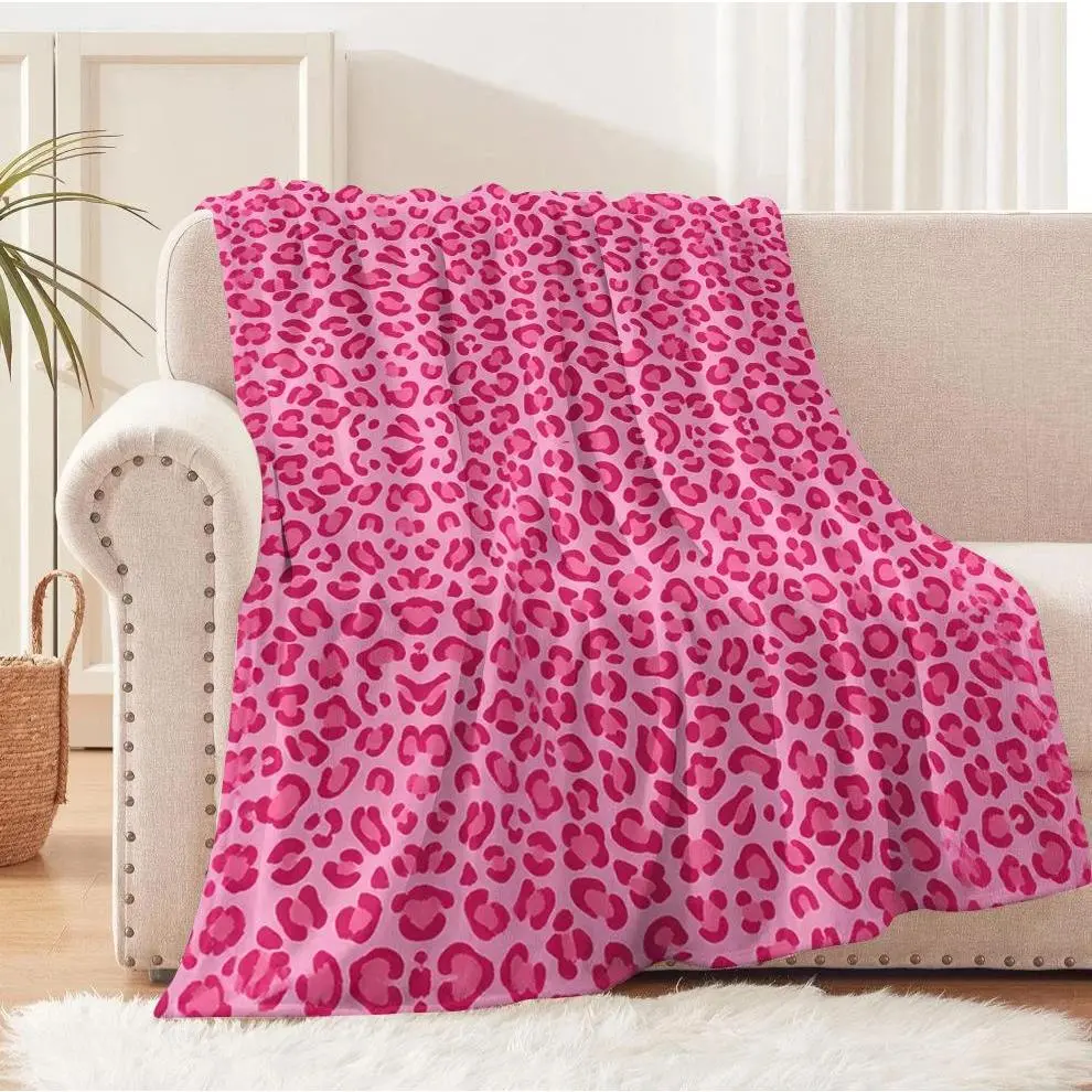 Pink Leopard-Cheetah Print Flannel Throw Blanket - Soft Wrinkle Resistant Animal Motif Textile for Couch & Bed, Colorful Leopard Print Bedding Decor