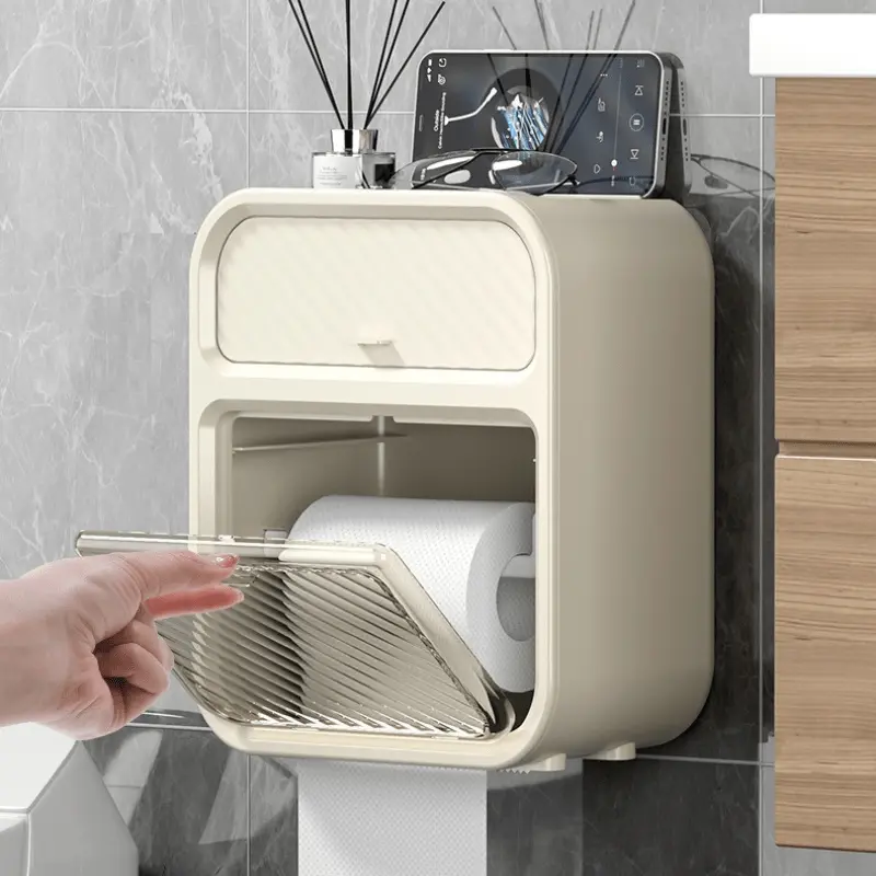 1pc Wall Mount Tissue Box, Dual Use for Facial & Roll Paper Plastic Napkin Holder with Phone Key Storage Shelf, Space Saving Organizer for Bathroom Kitchen, Multifunctional Storage Accessory