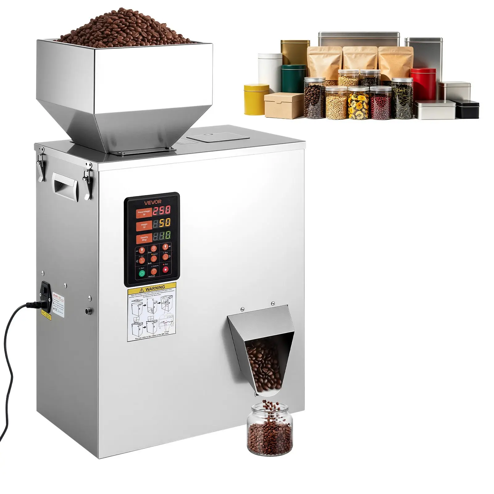 VEVOR Stainless Steel Automatic Filling Machine, 10-500g (0.02-1.1lbs) Particle Dispenser with High Accuracy, Intelligent Weighing for Coffee Beans, Grains, Silver