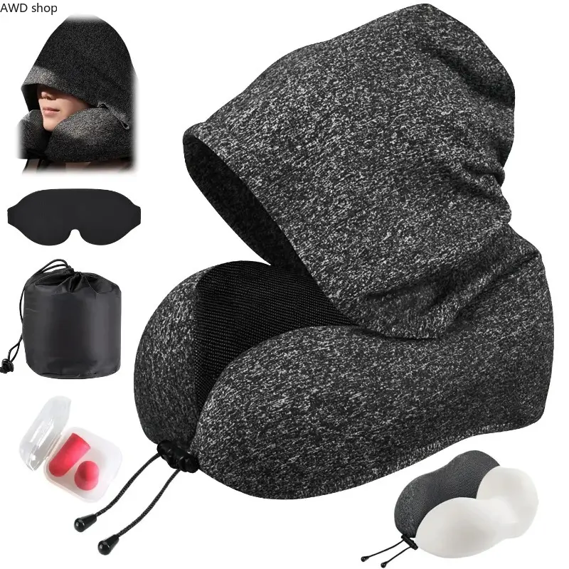 Memory Foam Hooded Travel Neck Pillow, Extra Large Light Blocking Hood Support Cushion, Skin Friendly Washable Cover Sleep Accessory, Ergonomic Neck Support Gear for Airplane Long Flights, Car Road Trips & Office Naps, Practical Traveler Gift