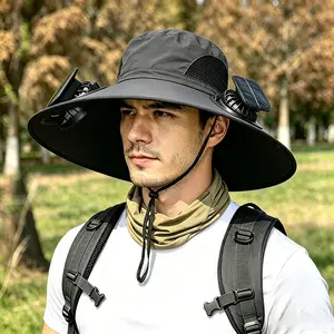 Dual Fan Rechargeable Outdoor Fishing Bucket Hat, Wide Brim UPF Sun Protection, Quick Dry Breathable Design With Adjustable Headband, Long Lasting Battery For Summer Outdoor Activities