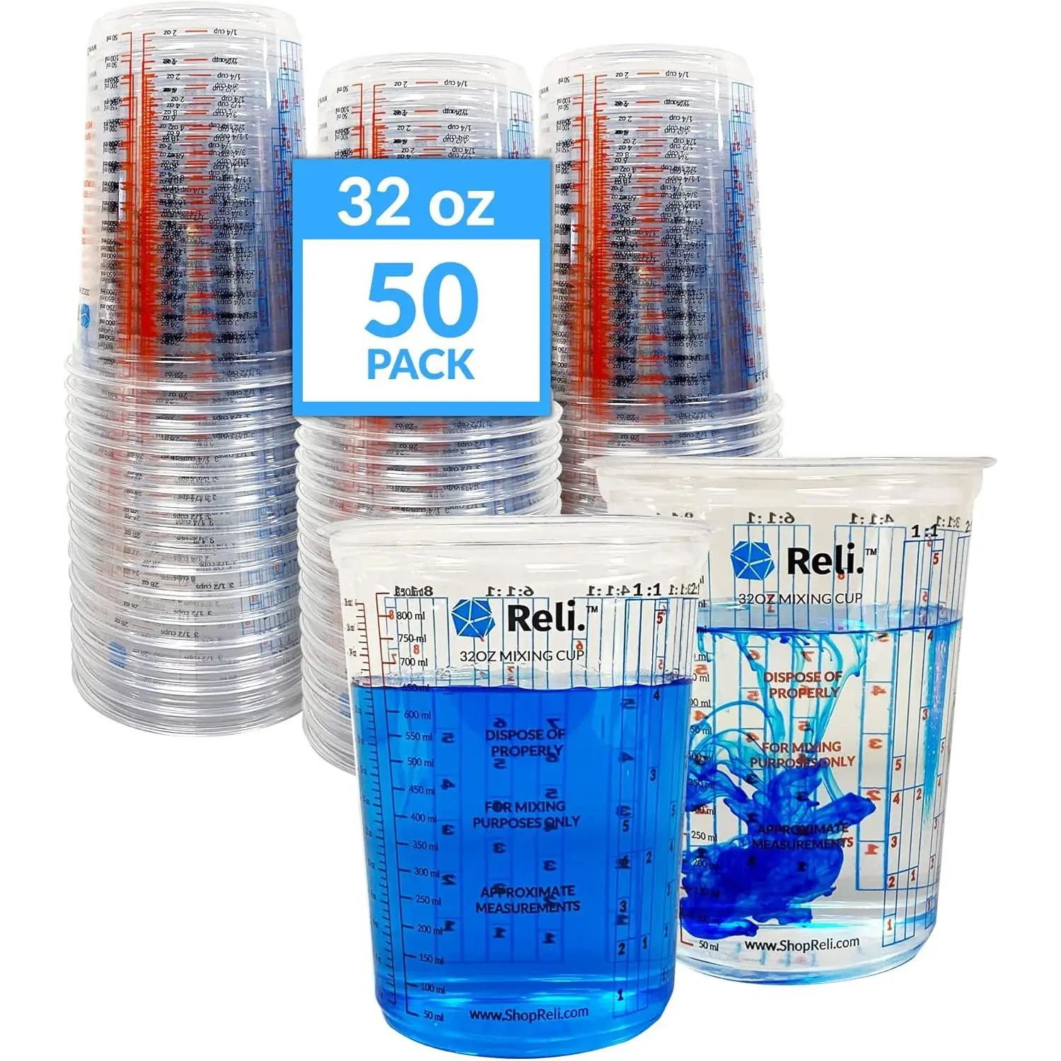 (50 Pcs) 32 oz (1 quart) Disposable Clear Plastic Paint Mixing Measuring Cups for Paint, Epoxy, Resin, Pigments