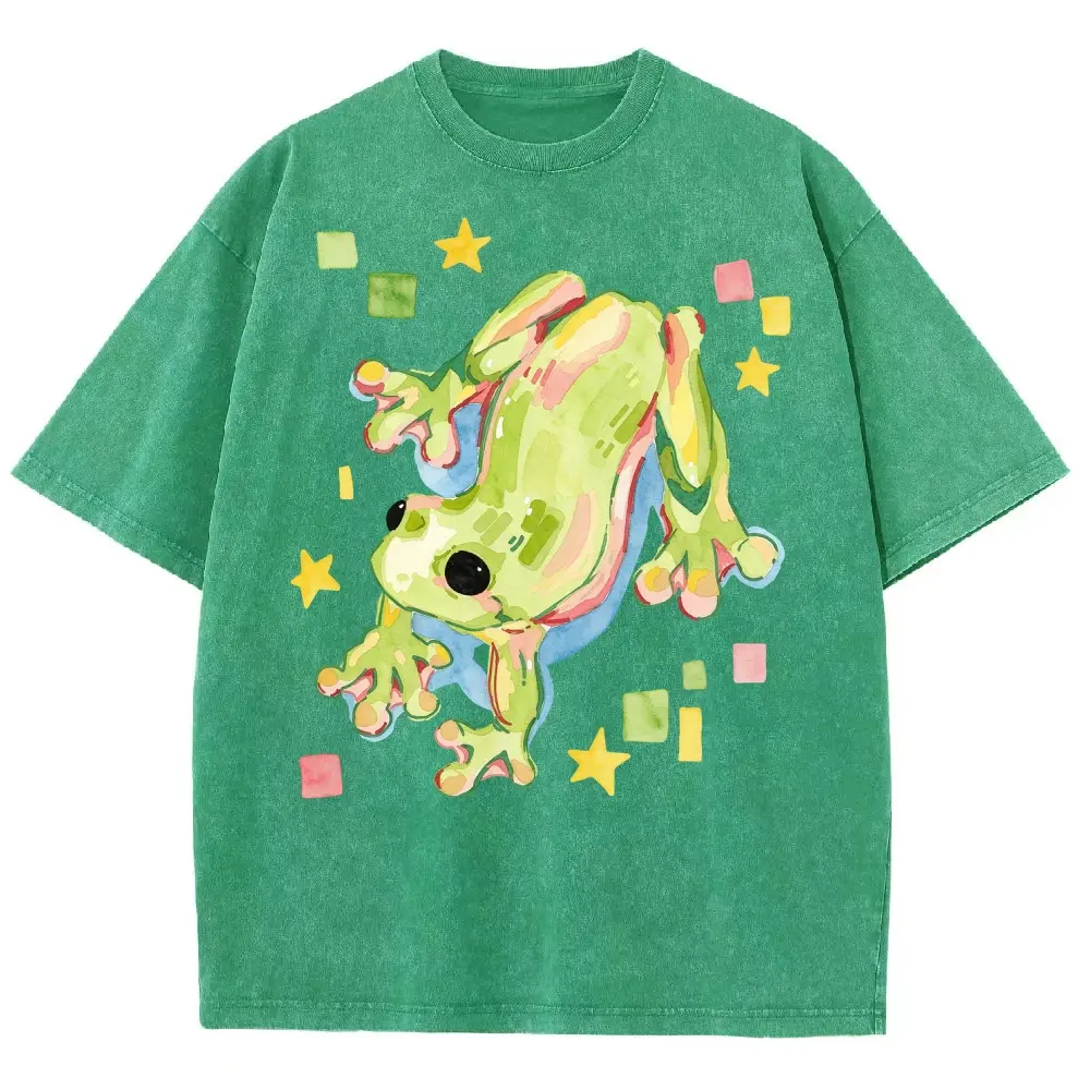Watercolor Frog Star Block Vintage Washed Tee Vintage Washed Tee 90s Men's Graphic Tee t Shirts Funny Graphic Tee Good Graphic Tees Graphic Tees Streetwear Outfits Men Vacation Outfits Oversized Tshirt Men