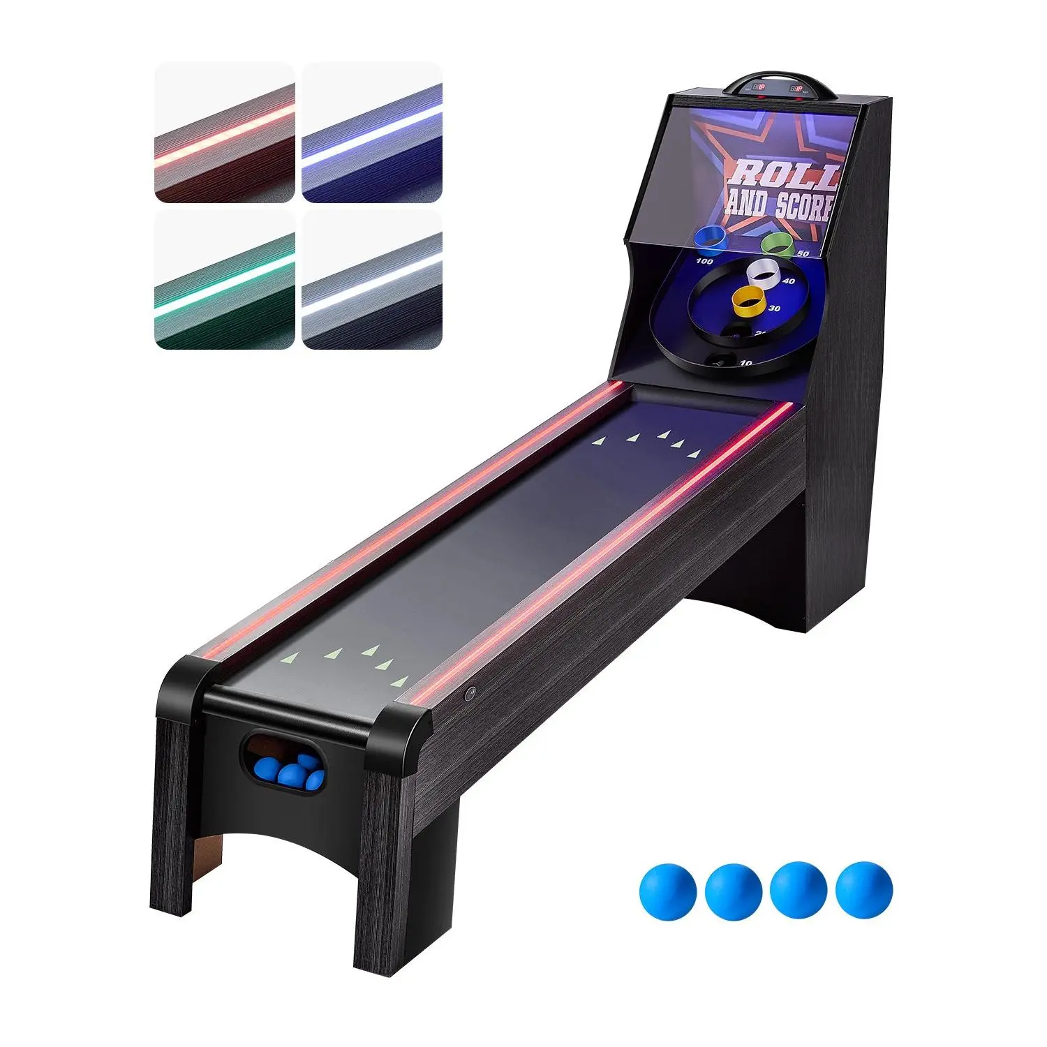 VEVOR 9' MDF+PVC Classic Roll and Score Arcade Game Table (107x24.4x60.6 in, 125.7 lbs) with LED Lighting, Flat Scoring Hole, Electronic Scorer, Sound, Automatic Ball Return, 4 Rolling Balls, Highly Secure Packaging for Home Game Room Recreation, Adults/K