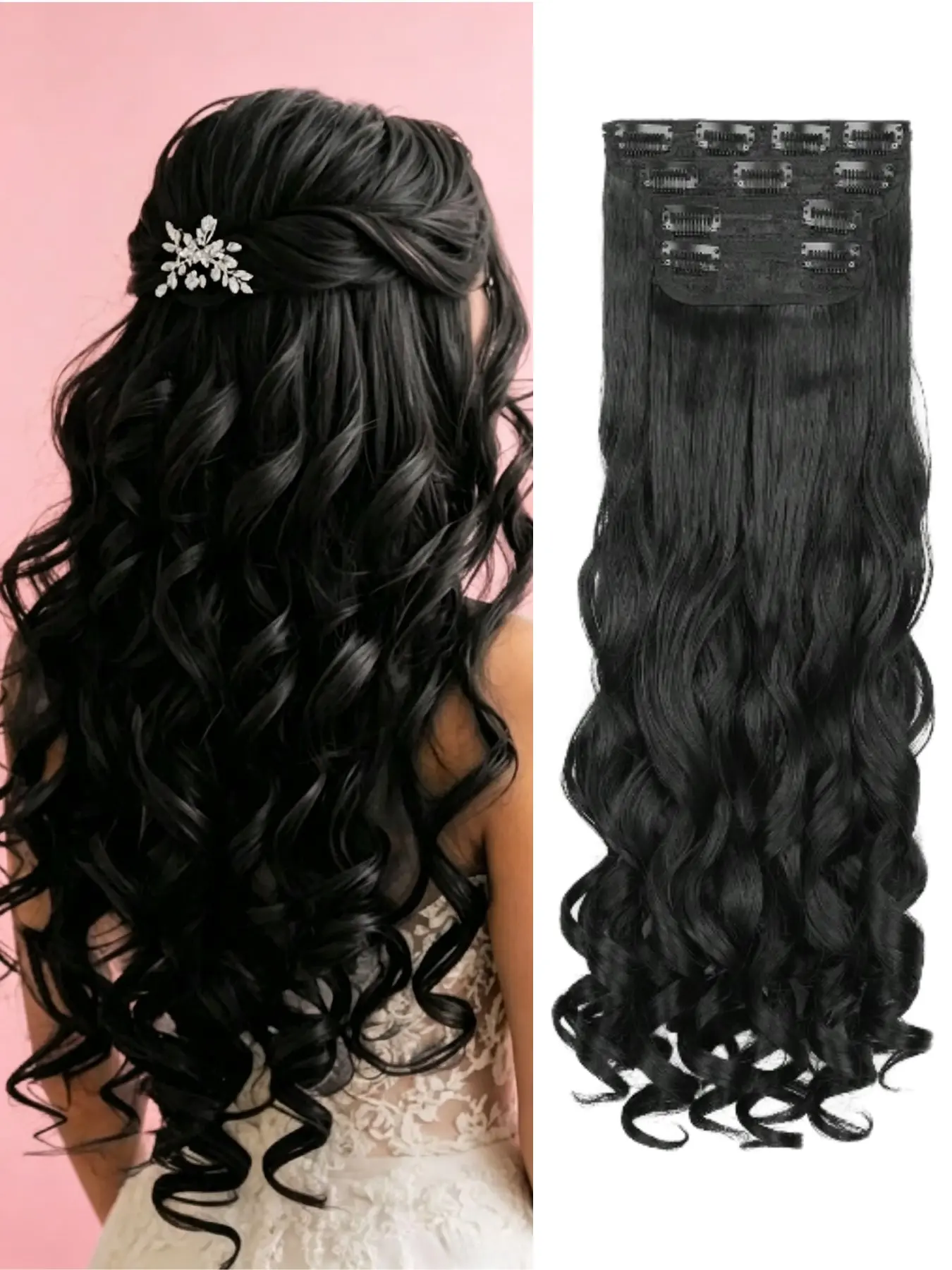 Clip In Hair Extensions, 20 Inch Long Wavy 4PCS Hair Extensions Natural Soft Synthetic Fiber High Temperature Heat Resistance Clip In Hairpieces For Women Weddings Party Daily Use