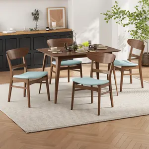 Aobtkel®[Video] Mid-Century Modern 5-Piece Dining Set, Rubberwood Frame, One Table and 4 Upholstered Chairs, Walnut + Mint (same sku: N759S001011M)
