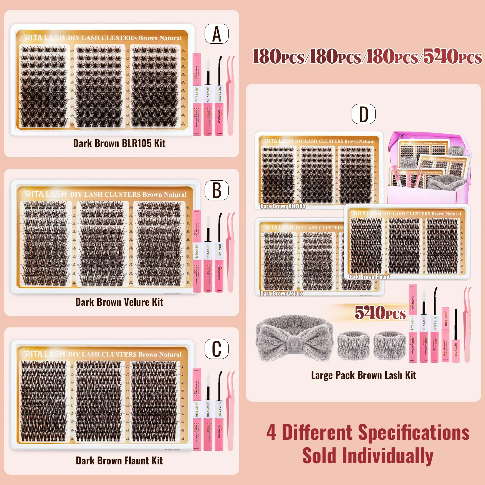 RITALASH 540PCS Dark Brown Mixed Length Individual False Eyelashes Kit, DIY Eyelash Extensions, Natural-Looking Eyelash Extensions with Accessories, Self-Grafting Curling Lashes for Women, Makeup Products (BLR105-Velure-Flaunt)