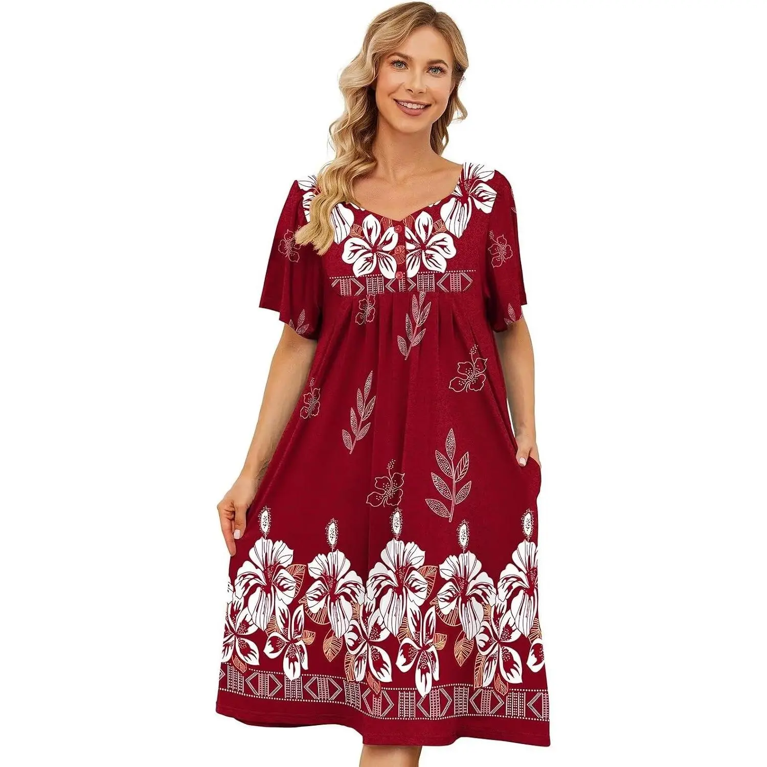 House Dresses for Women with Pockets Short Sleeve Moo Moo Nightgown | Floral Print Mumu Dress, Square Neck Pleated Lounge Dress, Soft, No-Pilling, Front Buttons Moomoo for Home & Garden, S-5XL