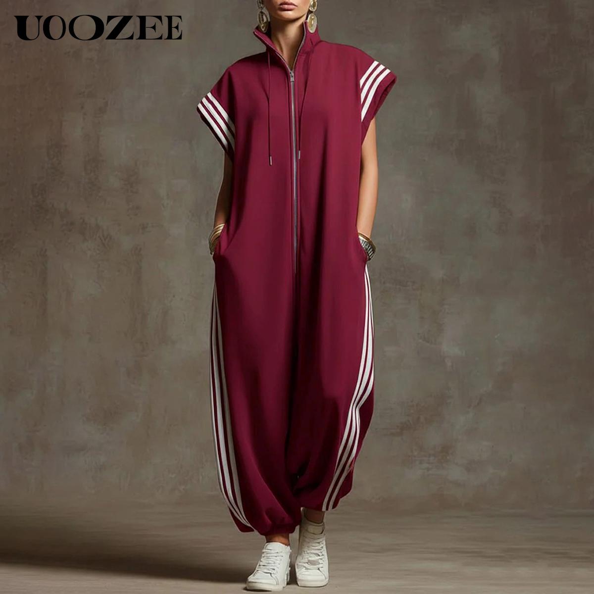 UOOZEE Women's New Summer Casual Side Stripe 100% Polyester Plus Size Contrast Color Pockets Jumpsuits, Loose Short Sleeves Zipper Stand Collar Ninth Pants One-Piece, Loungewear Streetwear Athletic Jumpsuit for Spring Summer Fall Womenswear