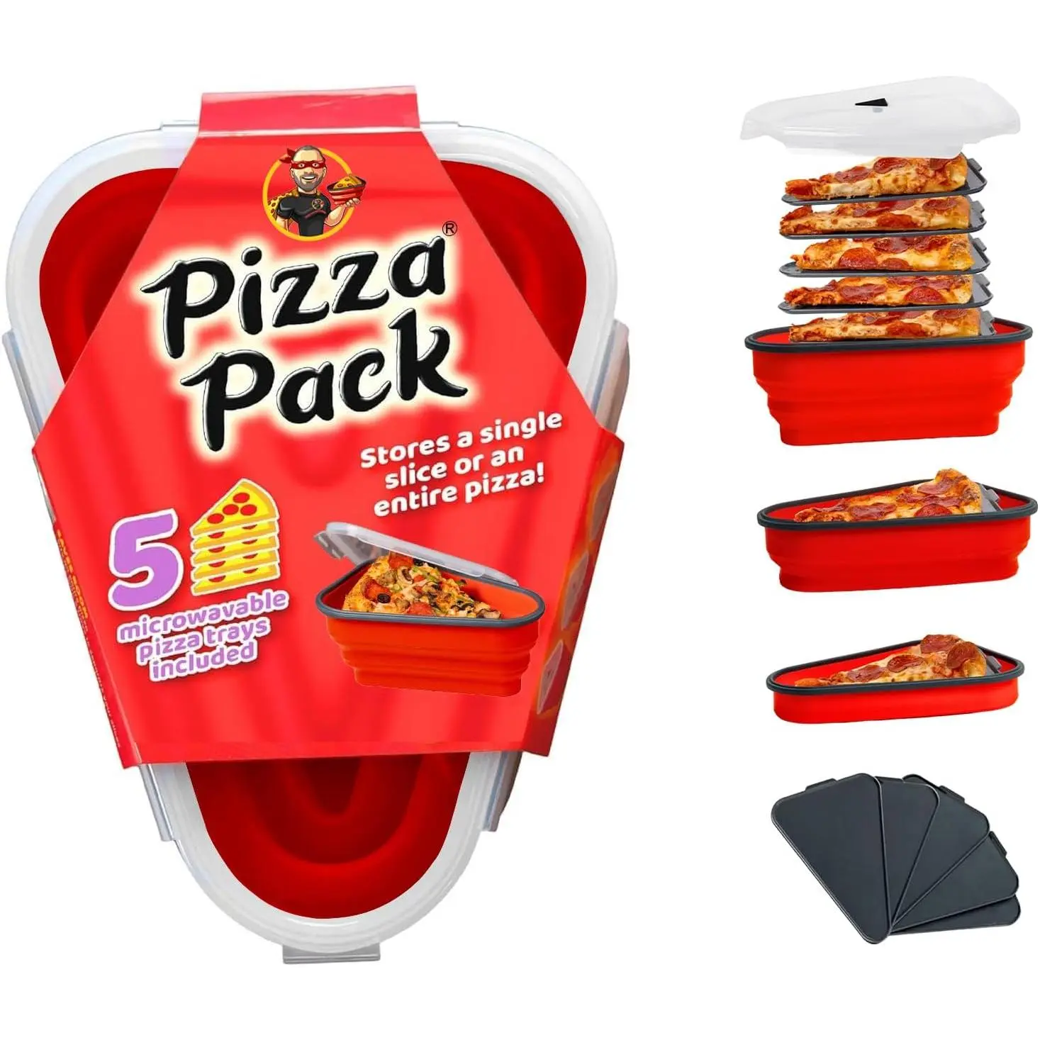 The Perfect Pizza Pack ™   - Reusable Pizza Storage Container with 5 Microwavable Serving Trays - BPA-Free Adjustable Pizza Slice Container to Organize & Save Space, Red