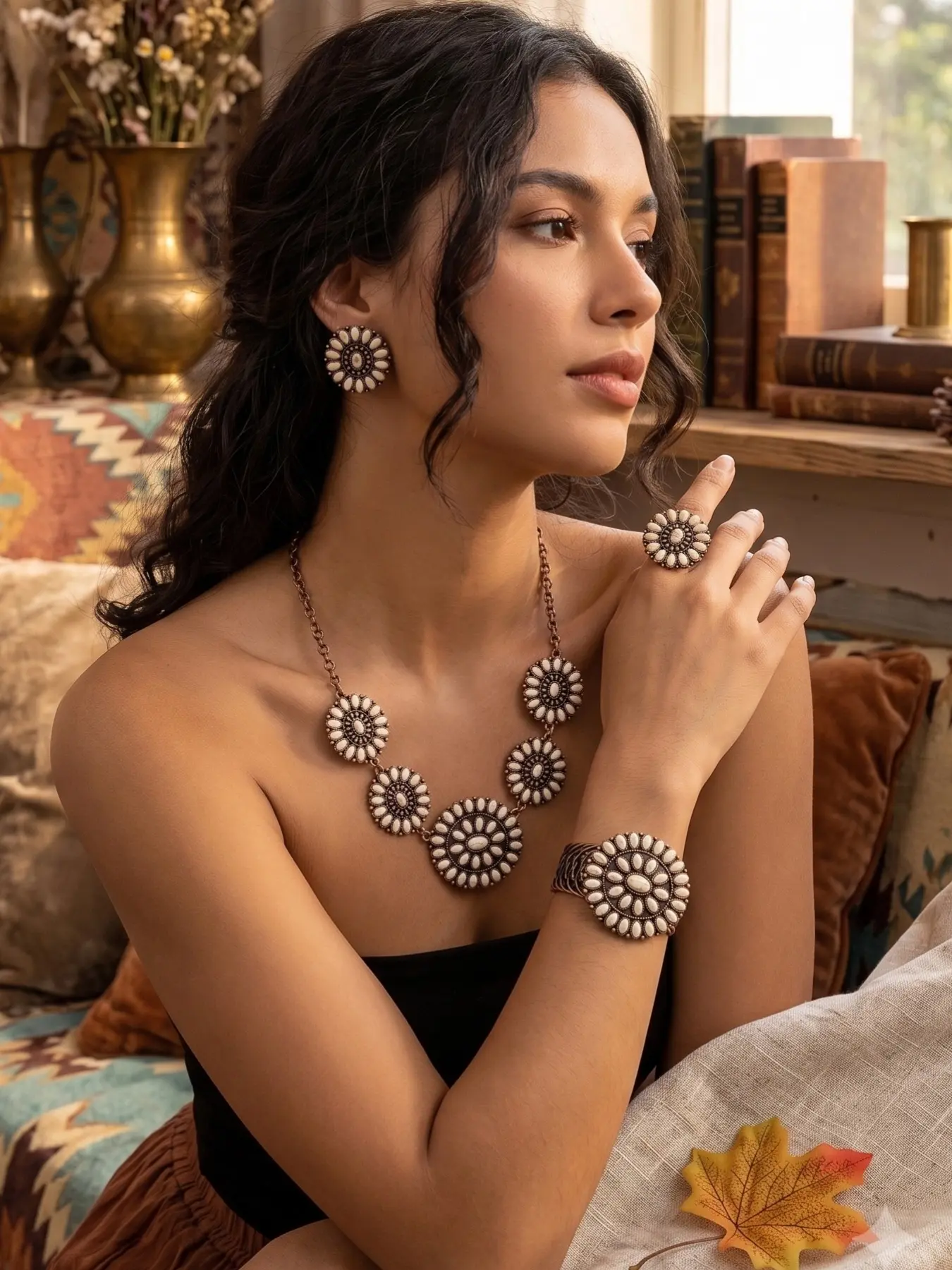 Western Concho Necklace Set for Women - 5Pcs Vintage Copper Sunflower Stud Earrings, Cuff Bracelet & Ring - Southwestern Native American Inspired Fashion Jewelry Set for Cowgirl Gifts