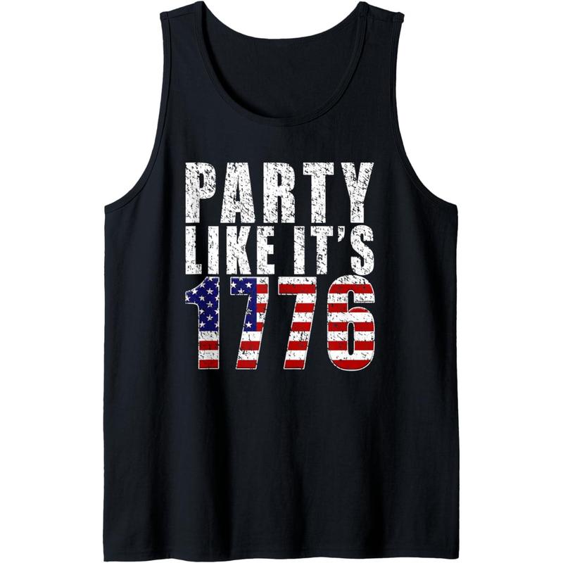 Men's Slim Fit Tank Top - American Patriotic Print, Stars and Stripes Slogan, Patriotic Style Vest for 4th of July 1776 USA Flag Independence Day Celebrations