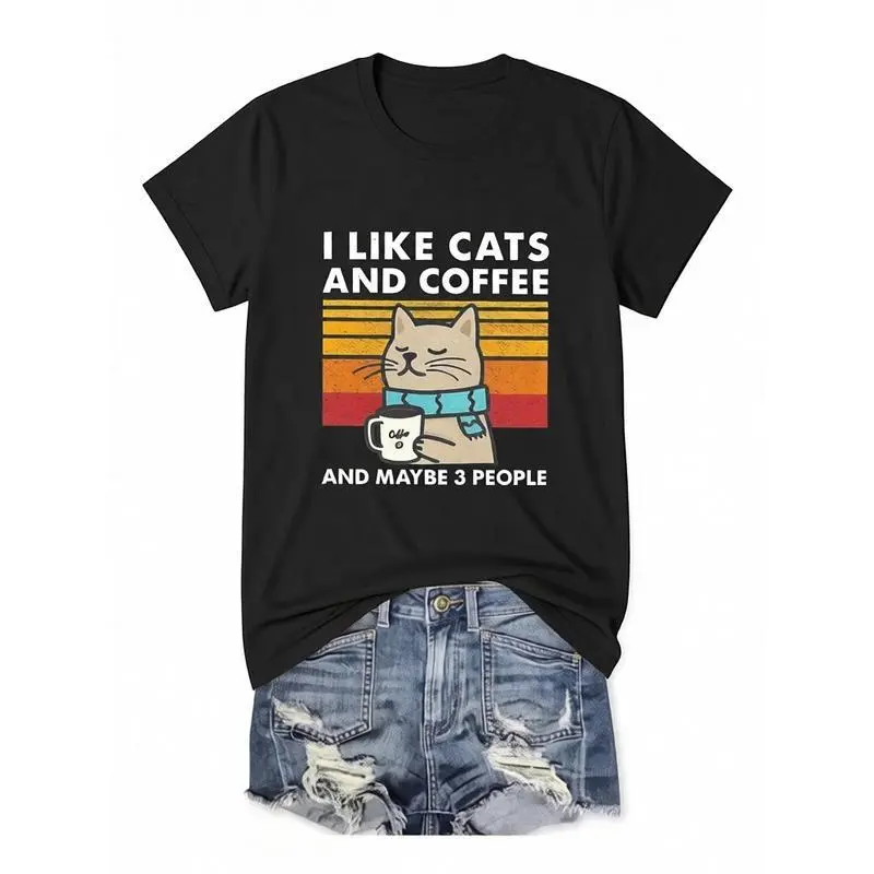 Women's Cat & Letter Print Crew Neck Streetwear Tshirt - Soft Short Sleeve Sporty Top, Casual Daily Wear for Summer Day, Customized