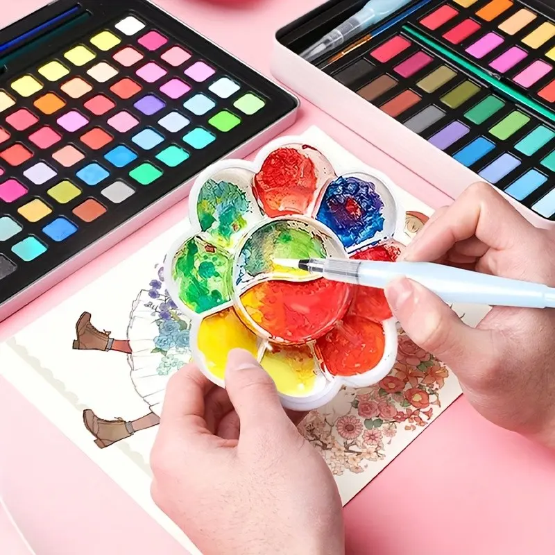 72/60/48 Color Solid Watercolor Paint Set, Includes Fountain Pen, Brush, Pencil, Knife, Sponge Eraser, Ideal for Artists and DIY Projects