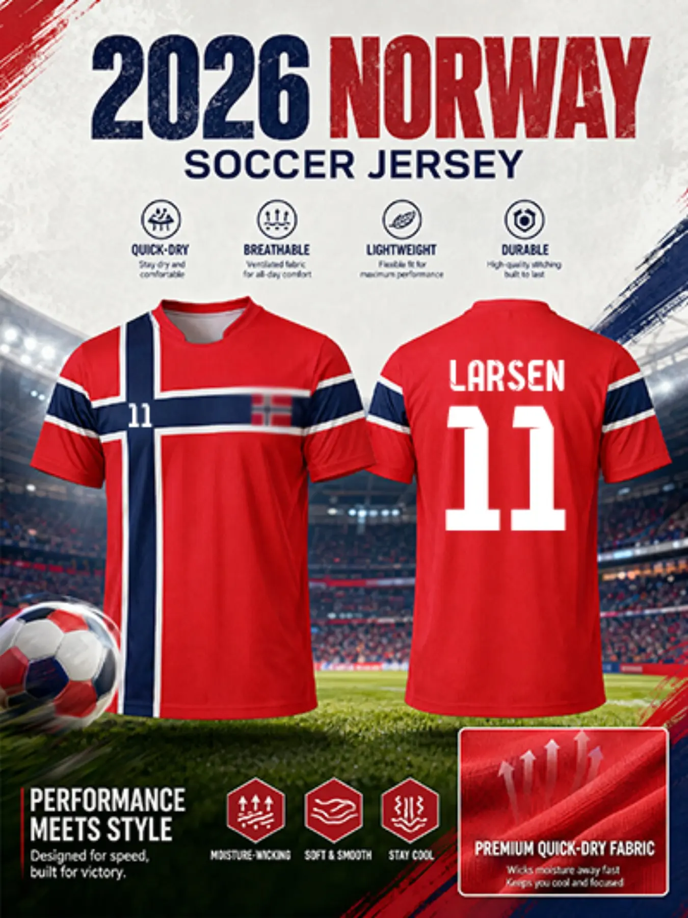 2026 Norway Nordic Cross Football Jersey, Sporty Slim-Fit, Quick-Dry Breathable, Ideal for Matches and Streetwear, Norwegian Fan Gear, Lightweight Football Jersey