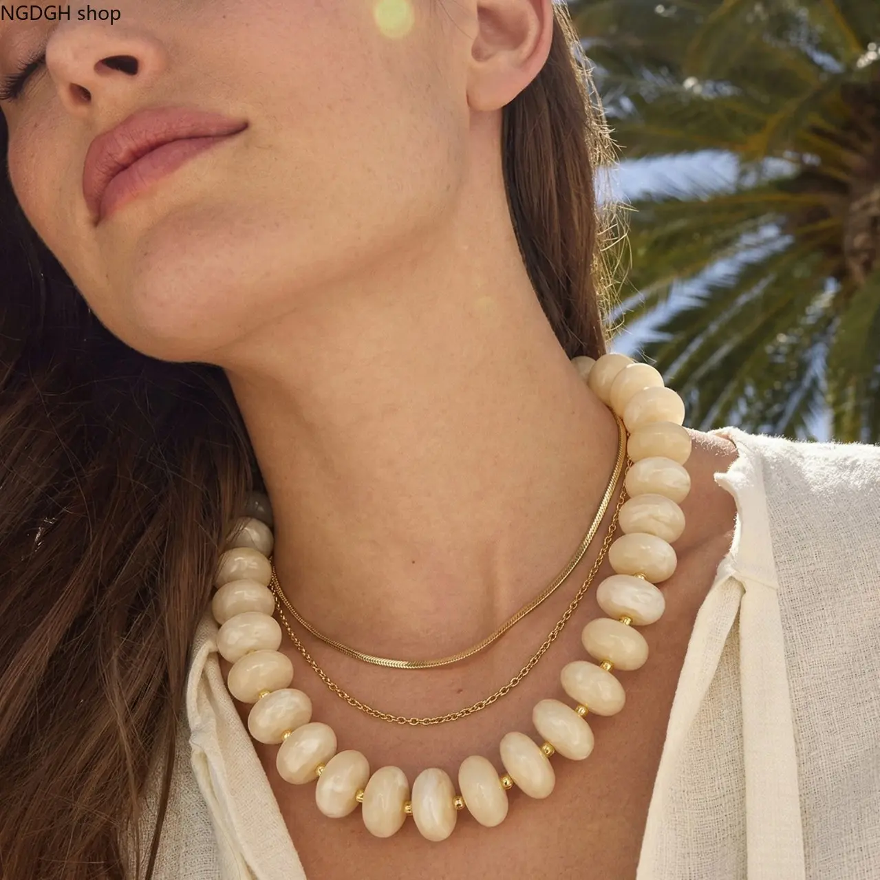 ChunkyBeadedChokerNecklace,BohoMarbleDiscResinBeadStatementCollar,MulticolorGlossyFlatRoundBeadNecklace,GoldAdjustableExtensionClasp,ThickSmoothBeadDesign,SummerBeachVacationLayeredOutfitBoldNeckJewelryForWomen