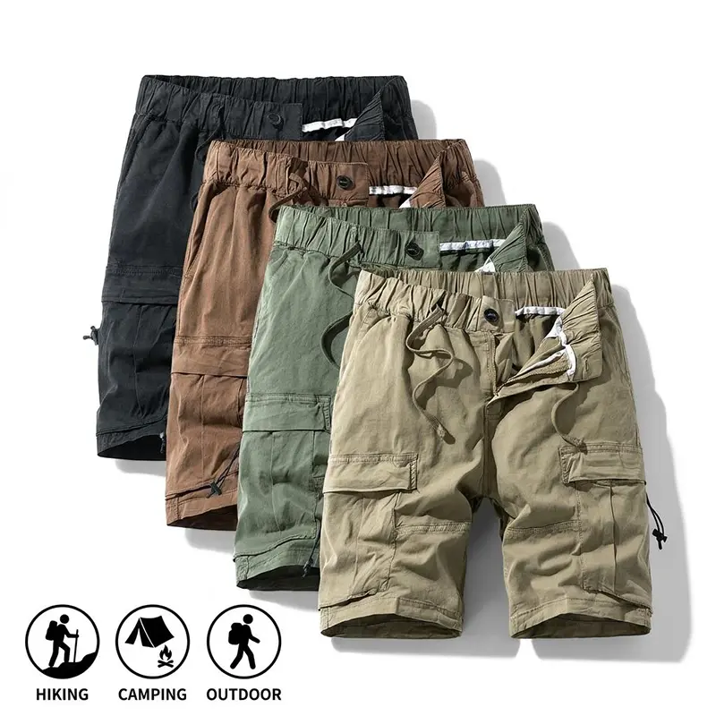 Men's Cotton Tactical Cargo Work Shorts - Elastic Waist, Drawstring, Multiple Pockets, Belted, Normal Fit for Summer Camping & Hiking (Sports & Outdoor Wear), Cotton Shorts, Menswear, Male