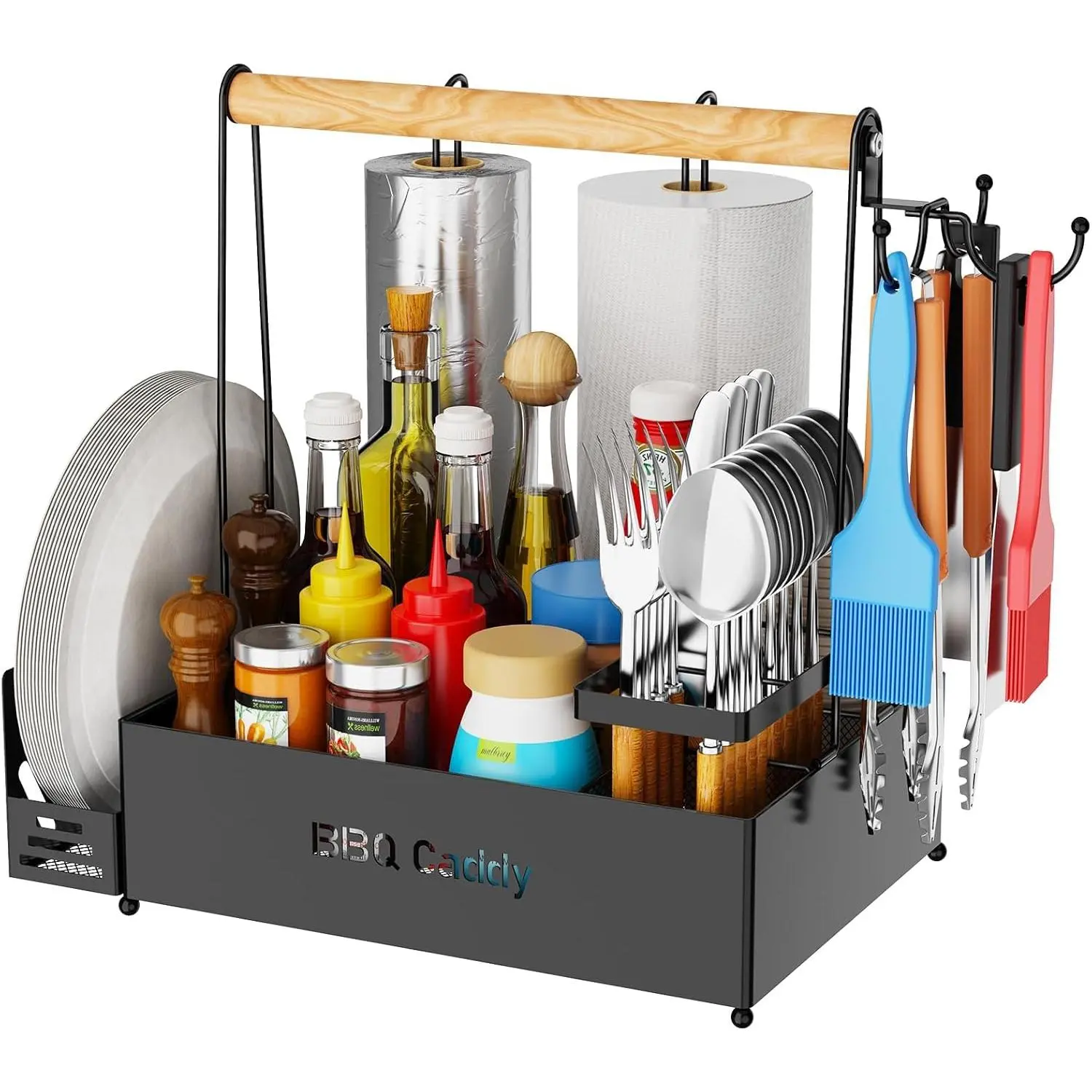 Portable Rust-Resistant Powder-Coated Steel Grill Caddy - BBQ Outdoor Storage Organizer with 2 Paper Towel Roll Holders, 3 Compartments, Removable Condiment & Utensil Holder for Camping, BBQ Enthusiasts Gifts