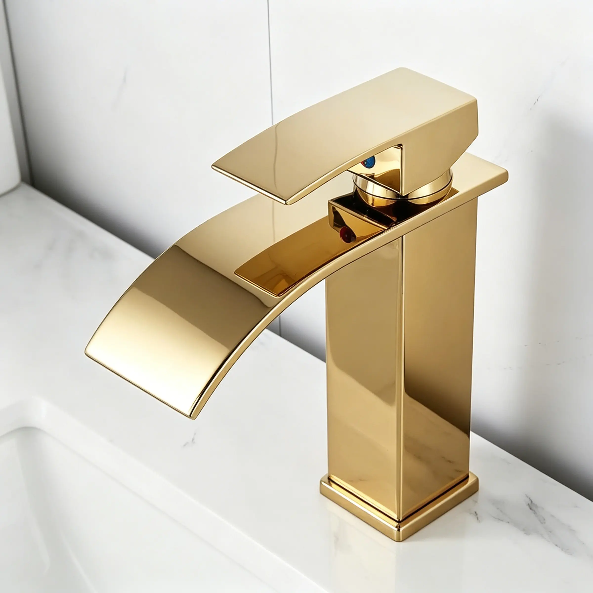 Stainless Steel Gold Waterfall Basin Faucet, Single Handle Hot Cold Bathroom Vanity Sink Mixer Tap, Modern Ins Style Single Lever Sink Tap, Bathroom Sink Faucets