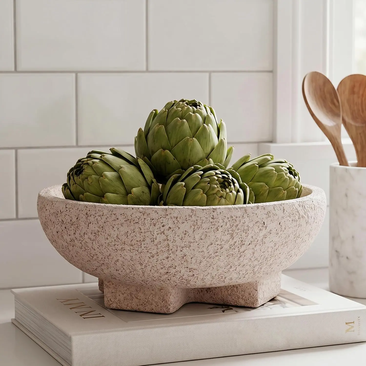 Decorative Bowl for Coffee Table, Modern Round Resin Centerpiece Bowl| Shallow Fruit Bowls with Textured Stone-Effect Finish for Home Decor, Living Room, Farmhouse Entryway, Key Holder
